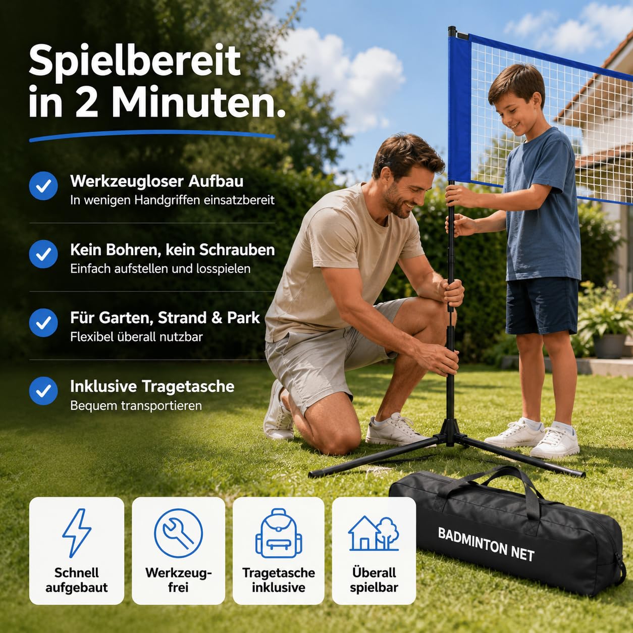 Rete da badminton pieghevole da 3,1 m, con supporto regolabile in altezza 107/105/150 cm e borsa per il trasporto, rete sportiva per volano, tennis, pallavolo o beach volley, rete in nylon, facile da