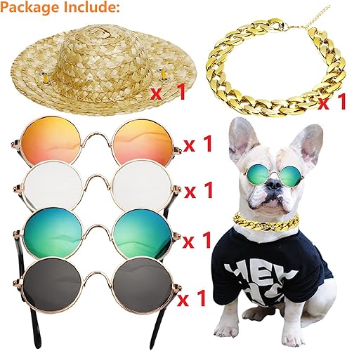 Miniatura 5 de 6 piezas de disfraz de perro y gato, lentes de sol retro para mascotas, collar de cadena dorada ajustable y sombrero de paja, accesorios divertidos