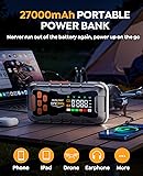 16-IN-1 Jump Starter Power Pack 27000mAh 7000A with Air Compressor 160PSI, Car Battery Booster Jump Starter (All Gas/14L Diesel/Hybrid) with Tire Repair Kit, Hook Stone, Tow Rope,Gloves, 800 Lumen - 4