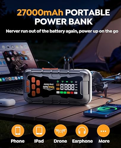 16-IN-1 Jump Starter Power Pack 27000mAh 7000A with Air Compressor 160PSI, Car Battery Booster Jump Starter (All Gas/14L Diesel/Hybrid) with Tire Repair Kit, Hook Stone, Tow Rope,Gloves, 800 Lumen - 4