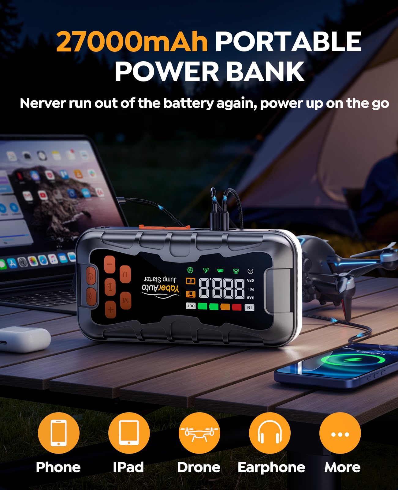 YaberAuto 16-in-1 Jump Starter with Air Compressor 8000A 160PSI Car Battery Jump Starter All Gas 14L Diesel 12V — view 4