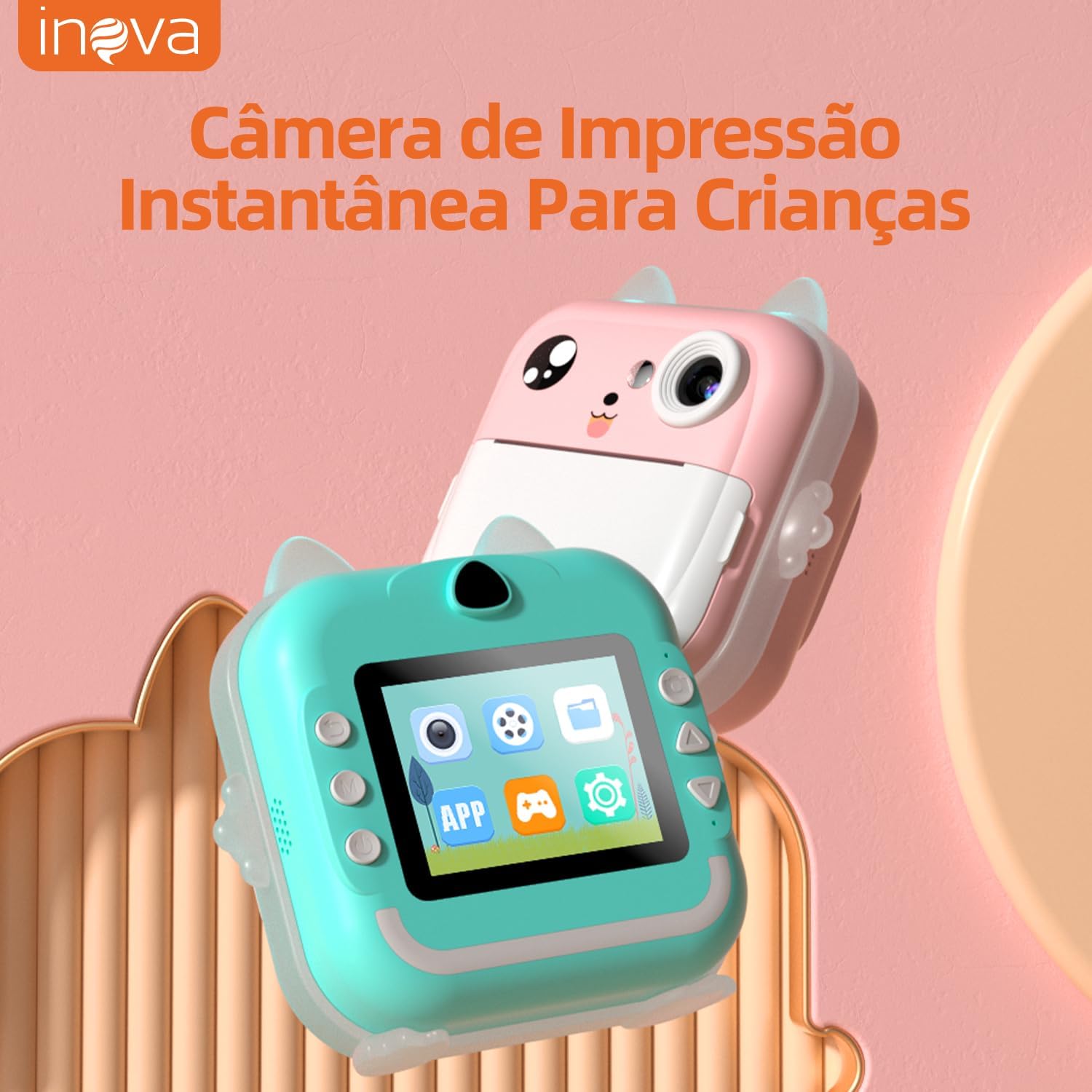 Câmera Digital Infantil Portátil 20MP, Tela de 2 Polegadas, 200 dpi, Resolução 1080P, Impressão Instantânea, Conexão com Celular, com Papel de Impressão (CAM-12607-rosa)