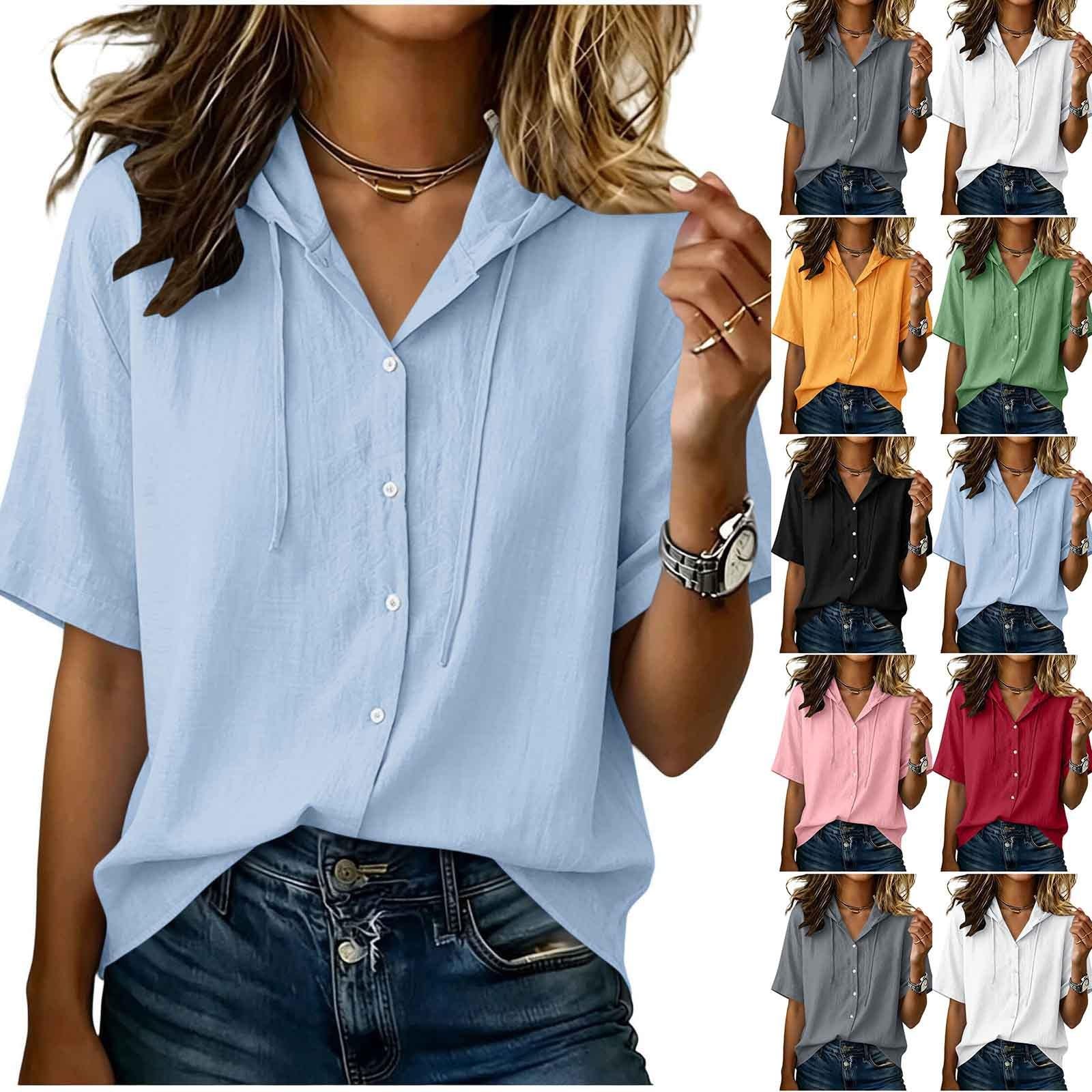 Maglia estiva da donna con cappuccio, a maniche corte, tinta unita