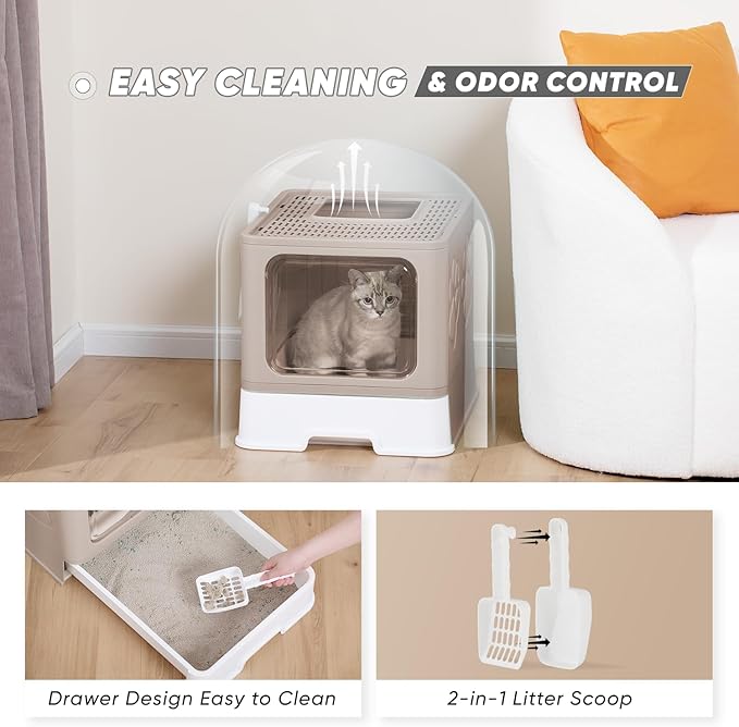 The Foldable Litter Box with Lid is a spacious and convenient litter box for cats. It features a covered design with a lid to provide privacy for your cat while keeping odors contained. The X-Large size allows for plenty of space for your cat to move around comfortably. The litter box also comes with a scoop for easy cleaning and maintenance.