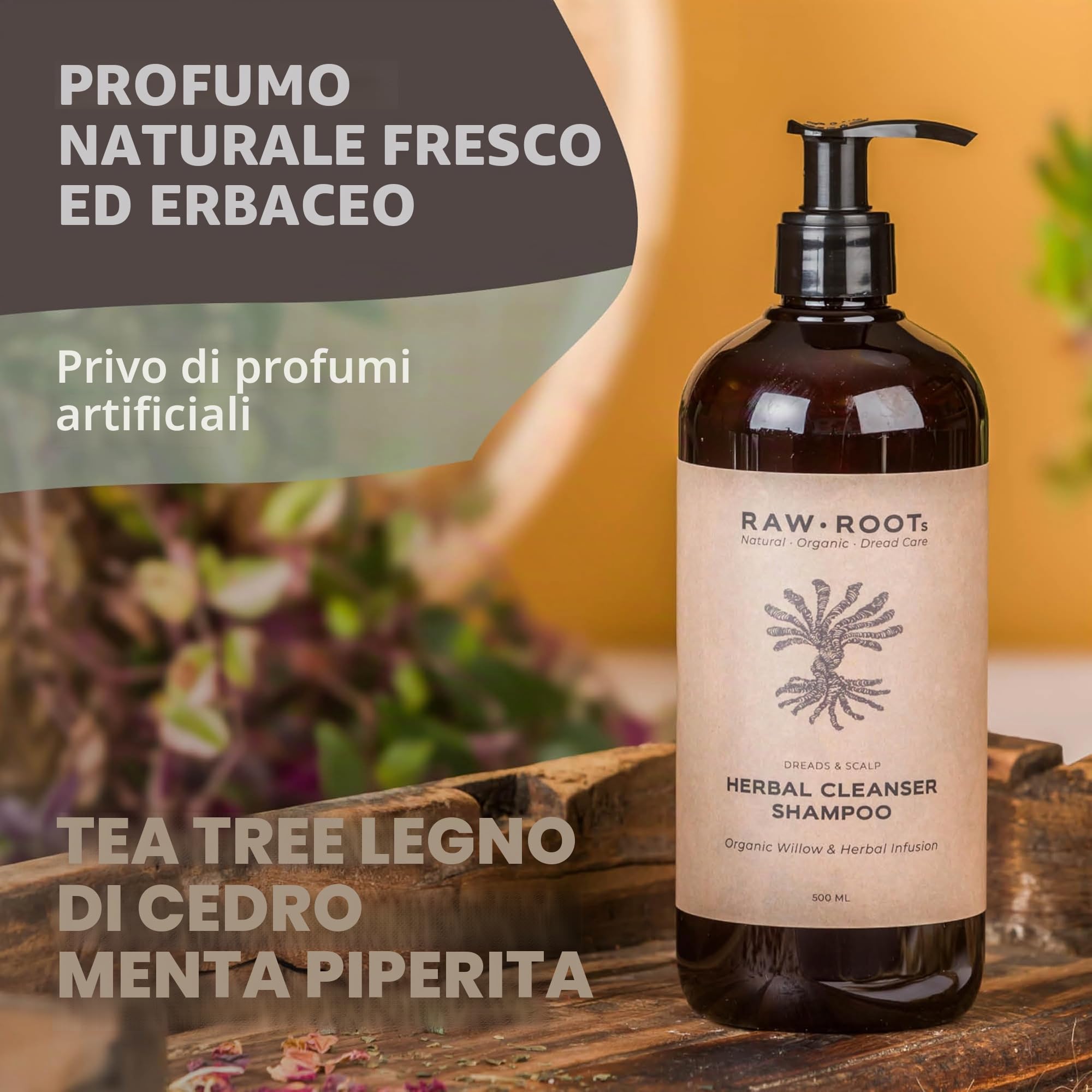 RAW ROOTs Herbal Cleanser 500 ml – Herbal Essence Shampoo per dreadlocks e capelli naturali e grassi – Shampoo senza solfati di silicone e parabeni