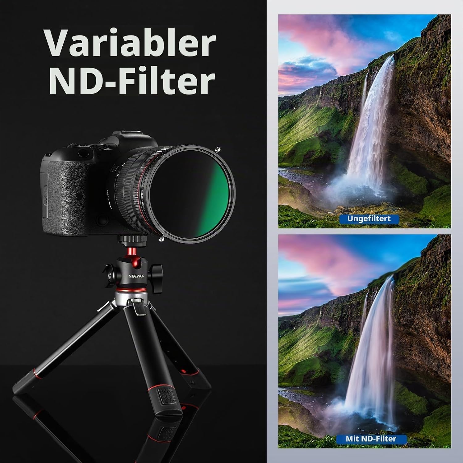 Neewer 2 in 1 58mm Variable ND Filter ND2-ND32&CPL (Zirkular Polfilter) No X Cross Variabel Graufilter HD optisches Glasagiges Nano beschichtetes wasserabweisend Kratzfest – Bild 9