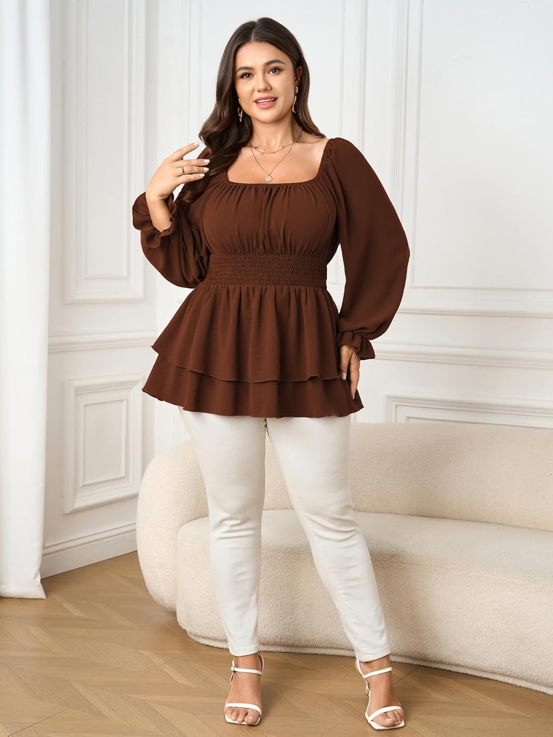 SCOMCHIC Womens Plus Size Peplum Tops Square Neck Long Sleeve Blouses Layered Ruffle Hem Smocked Casual Babydoll Top - Image 5