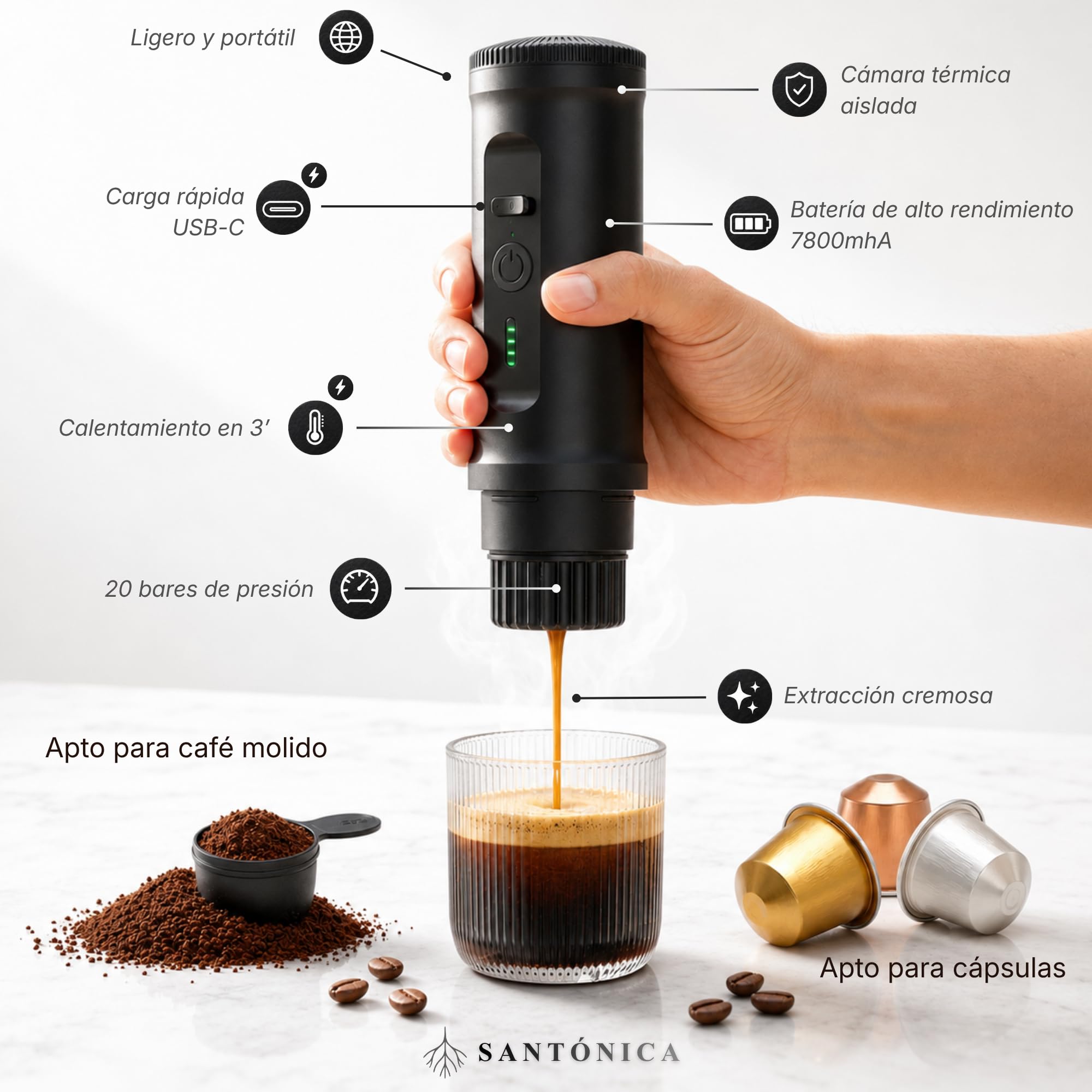 Cafetera Portatil Capsulas 2 En 1 Y Cafe Molido, Cafetera Capsulas Portatil 20 Bar Con Calentamiento Y Carga Rapida USB C, Compatible Con Capsulas Para Viaje