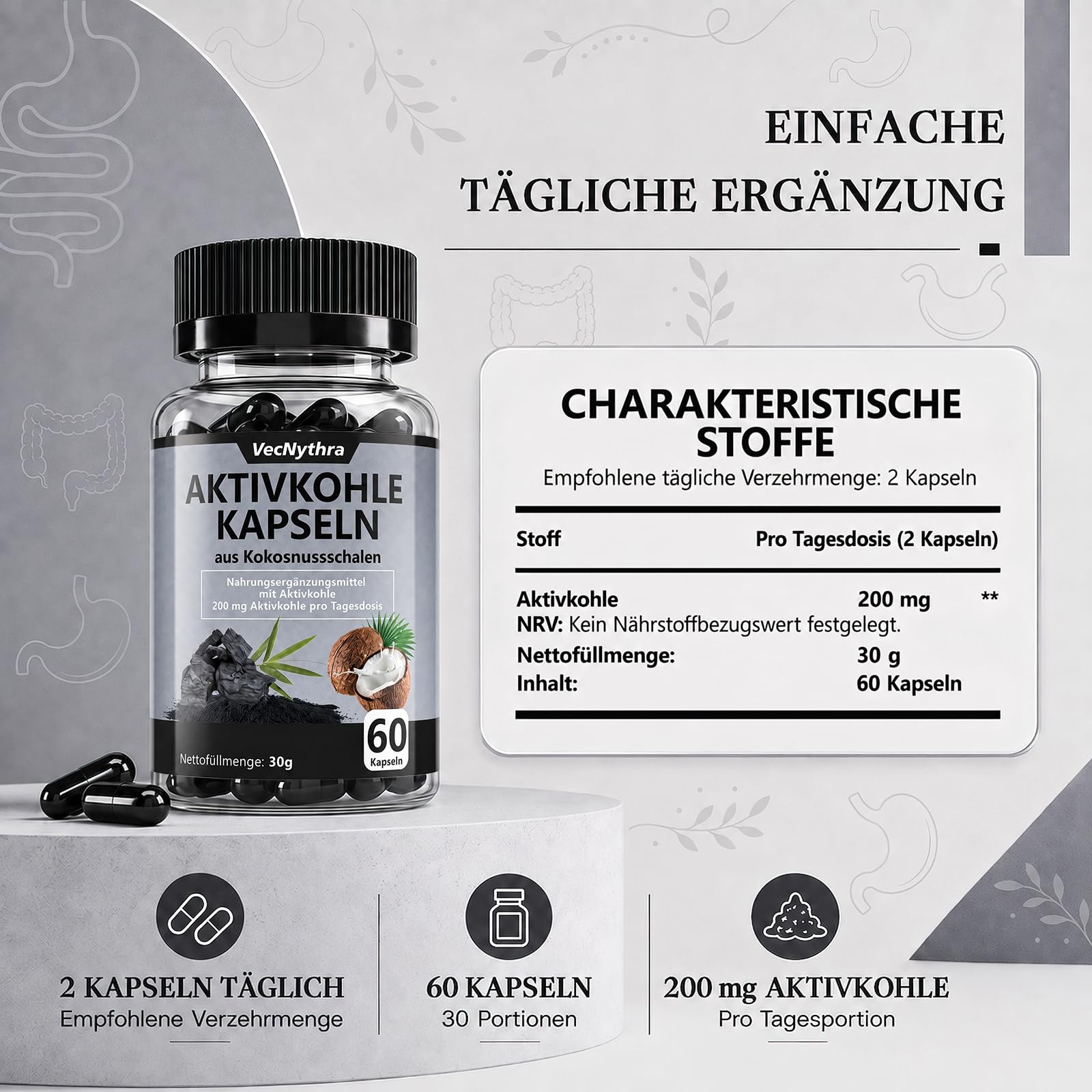 Aktivkohle Kapseln aus Kokosnussschalen, 200 mg Aktivkohle, 60 Kapseln
