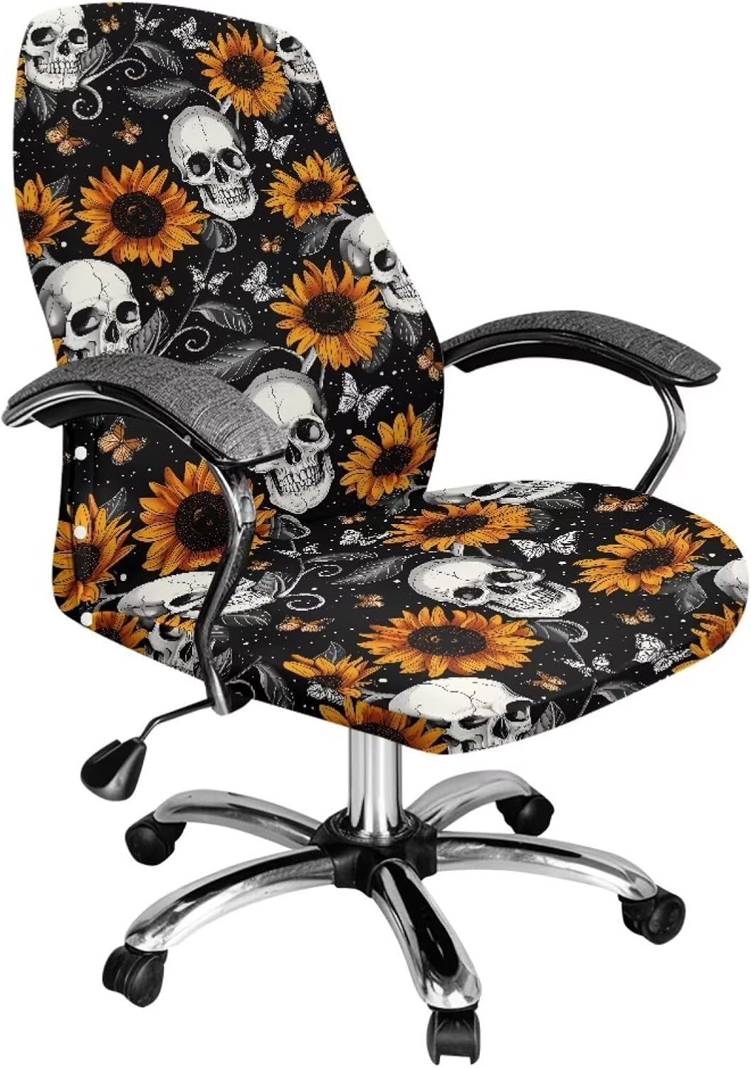 Skull Print Office Computer Chair Seat Covers, Sunflower Butterfly Print Boss Rotating Office Chair Cover, Skin Friendly & Breathable, S Size