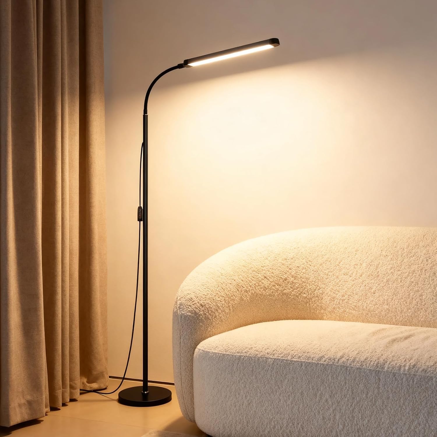 Bright 12W LED Flicker-Free Eye Protection Dimming Floor Lamp,3000-6000k,Gooseneck adjustable Standing Reading Lamp for Living Room Bedroom Bedside Office Classroom Task Craft, Black Modern Light