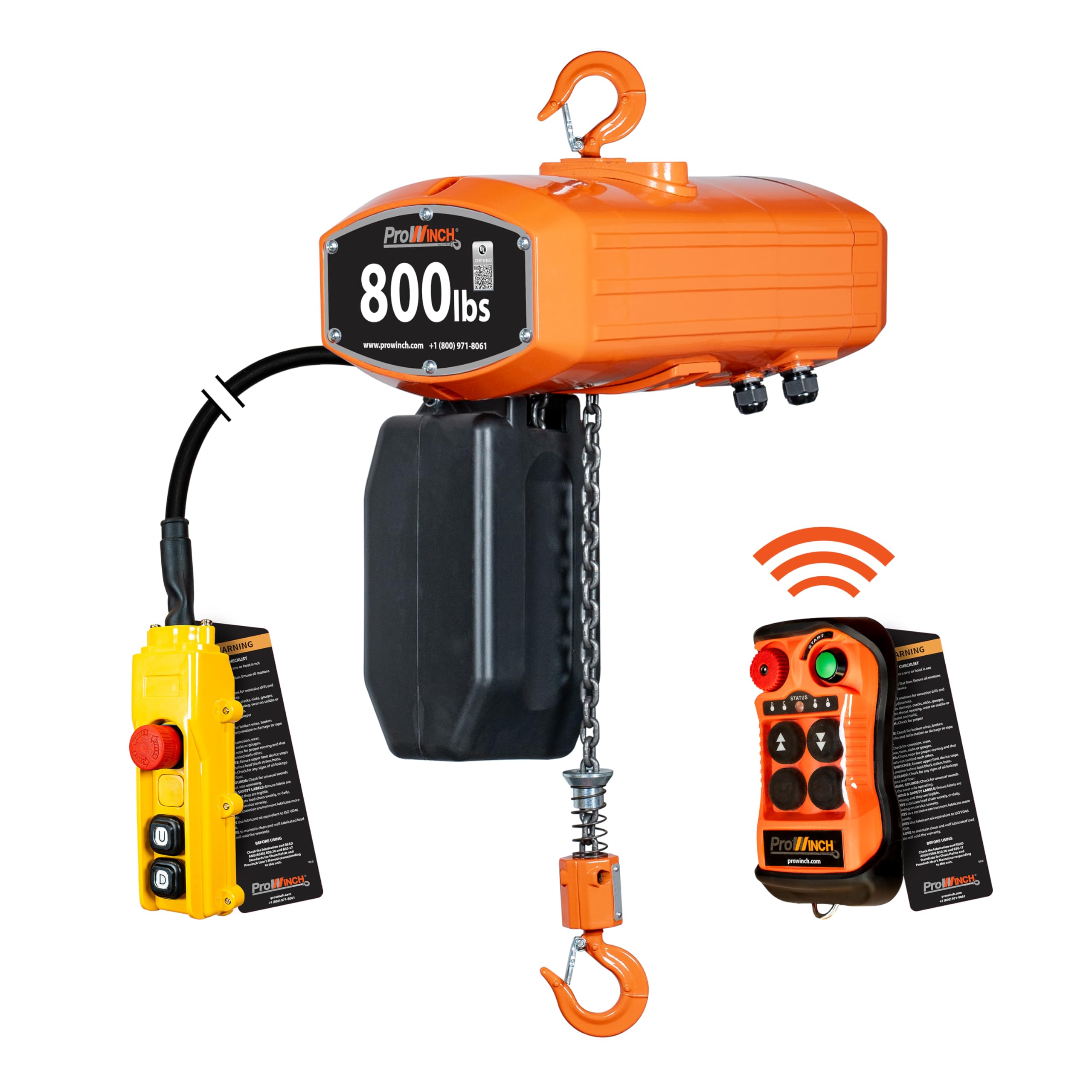 Prowinch Portable Electric Hoist - 800 lbs Electric Chain Hoist with Wireless Remote Control, 20 ft Lifting Height, Single-Phase Dual Voltage 100-240V
