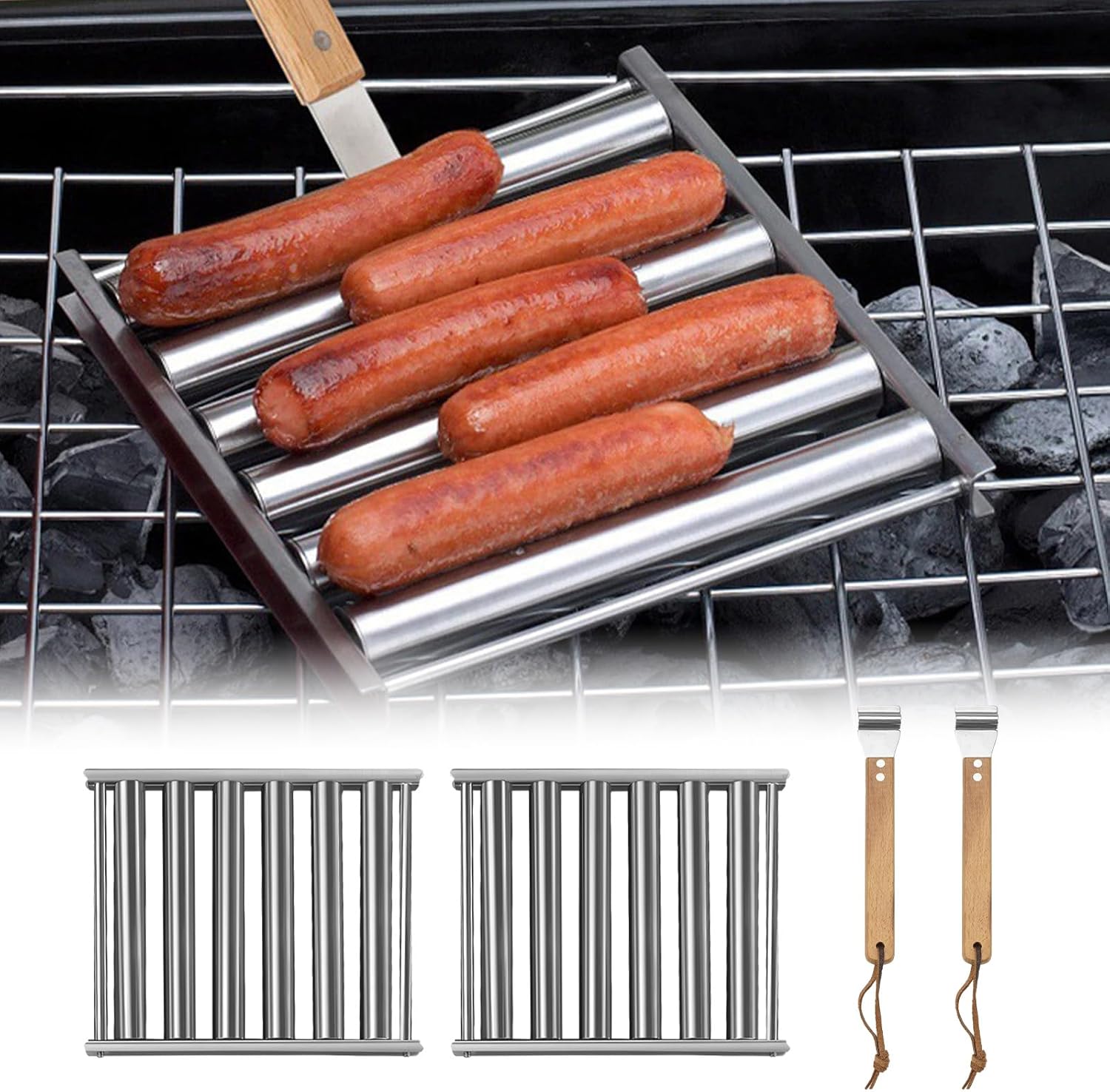 Hot Dog Roller, FoodGrade Stainless Steel Sausage Roller Rack with Extra Long Wood