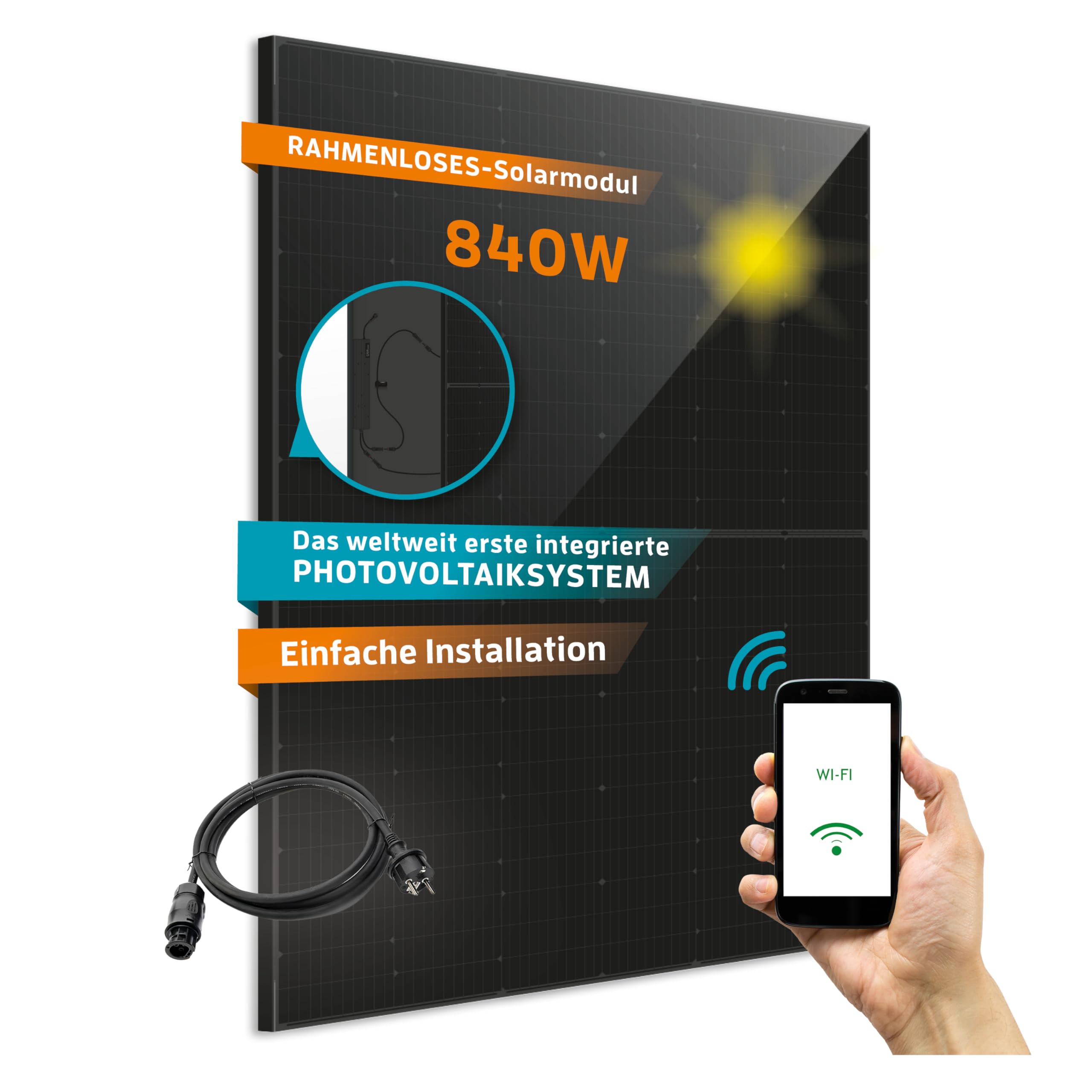 Kaiser® Centrale photovoltaïque de balcon 800 W avec Onduleur, kit complet, design All Black, panneaux solaires plug and play accessoires et câble de 7 m inclus, contrôle par application