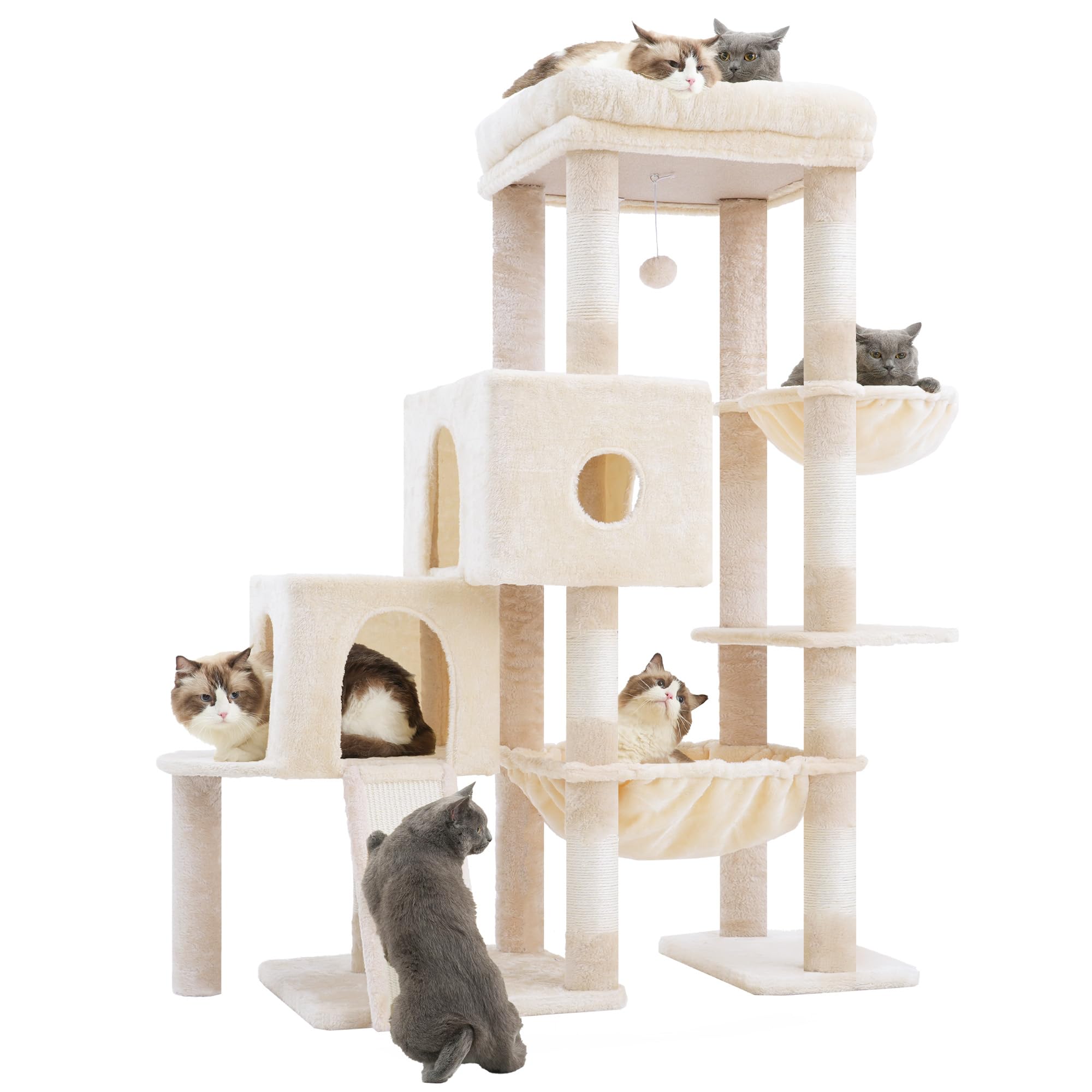 Hey-brother Kratzbaum, Katzenbaum mit Grosse Plattformen für Großkatze, 127 cm hoch, Treppenstruktur, Katzenkratzbaum mit 2 höhlen, geräumiger Hängematte, Sisalkratzbrett und Korb, Beige MPJ071M