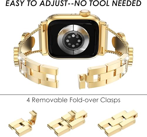 Miniatura 5 de Surace Compatible con correas doradas de Apple Watch de 1.575 pulgadas para mujer, joyería de diamantes de imitación de acero inoxidable con funda