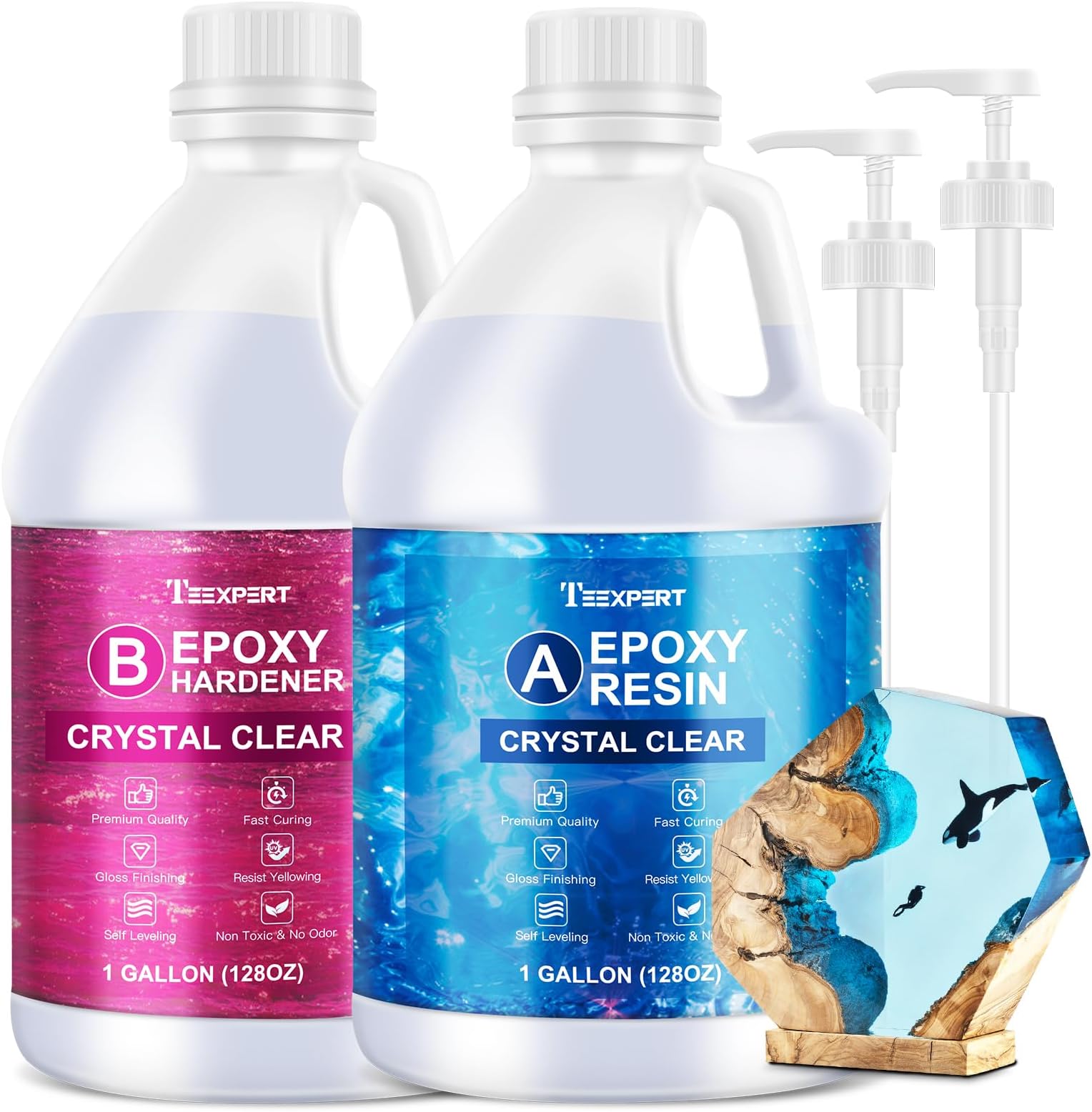 Teexpert No Bubble Epoxy Resin: 2 Gallon Crystal Clear Anti-Yellowing Self-Leveling High-Gloss Resina Epoxica for Casting and Coating DIY Art,Table Top,Molds,Jewelry Making,Craft Kits for Adults