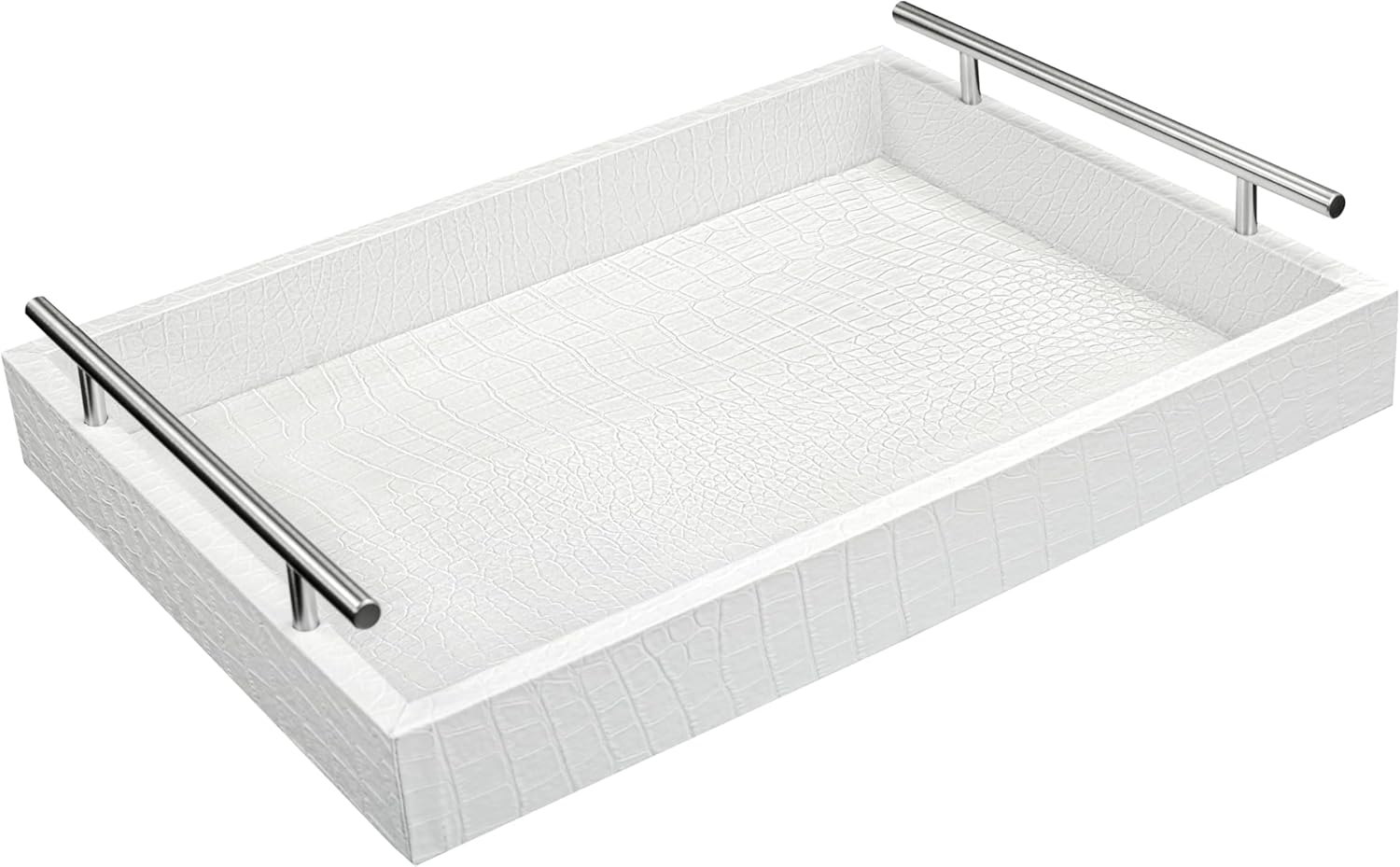 VOVOGERATTO White Leather Serving Tray with Silver Handles, Rectangular Tray for Coffee Table, Ottoman, Alligator Faux Leather, Decorative Trays for Home Decor, for All Occasions, 16" x 12"