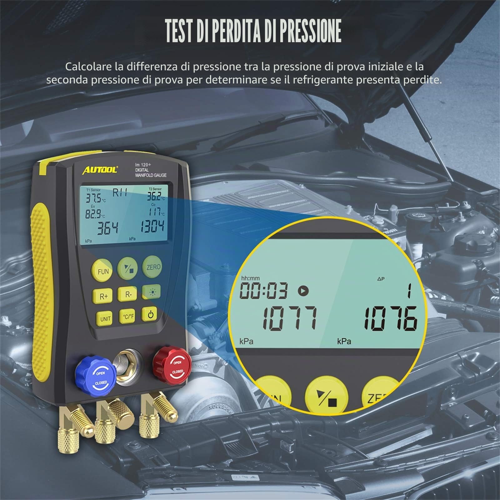 Refrigerazione Digital Collettore Gauge Meter HVAC Vacuum Pressure Tester Kit con clip di prova e tubo per la manutenzione del condizionatore d'aria, frigorifero (LM120+)