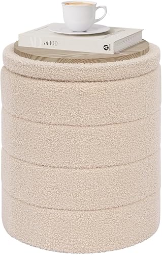 PINPLUS Otomana de Almacenamiento Redonda Reposapiés Taburete con Bandeja de Terciopelo Sherpa Otomana de Almacenamiento Plegable, Reposapiés Boucle