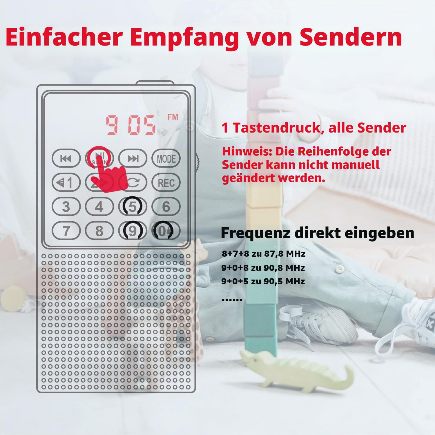 PRUNUS J-328 Taschenradio FM/UKW, Digital Radio Klein mit Rekorder, Kofferradio Mini Radio mit Akku Wiederaufladbarer, SD/TF/AUX MP3-Walkman Fm Radio, Tastensperre zum Joggen, Wandern, Reisen(Rot)