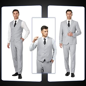 Men's Slim Fit 3 Piece Suit Set, Two Button Solid Blazer Jacket with Multi-Functional Pockets for Business/Party