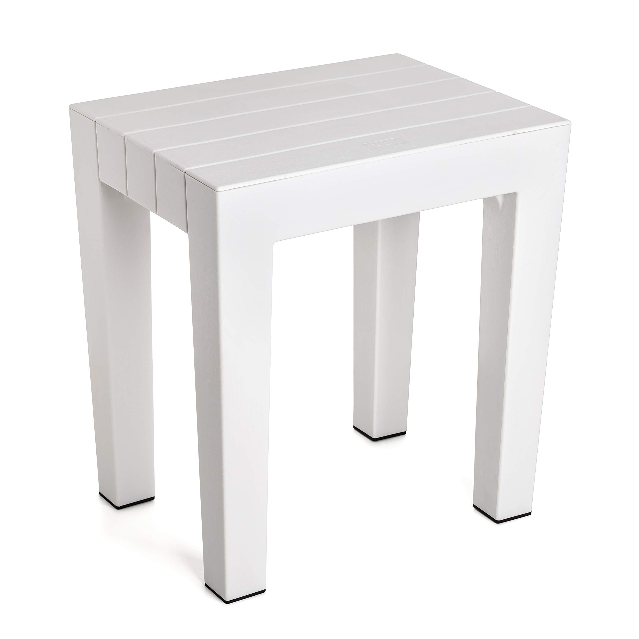 rectangular stool made of white textured polypropylene, with a wood effect finish. Anti-UV protection, suitable for indoor and outdoor use. Size 38x29x41m5 cm