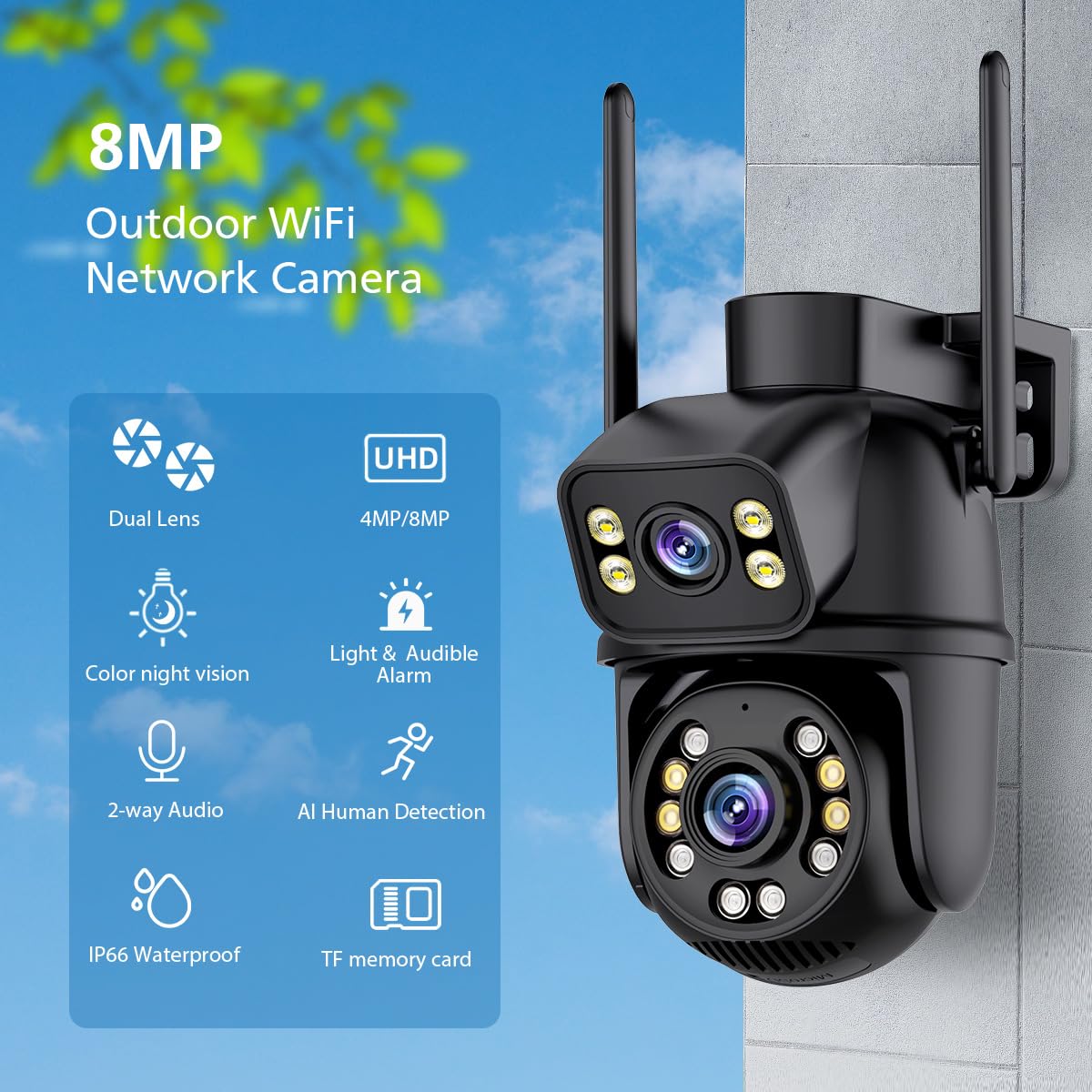 ICSEE - Telecamera di sicurezza WiFi da 6 MP, wireless, doppia lente, PTZ, impermeabile, rilevamento umano, visione notturna a colori, 19,8 m, compatibile con Alexa (doppia lente bianca da 6 MP)