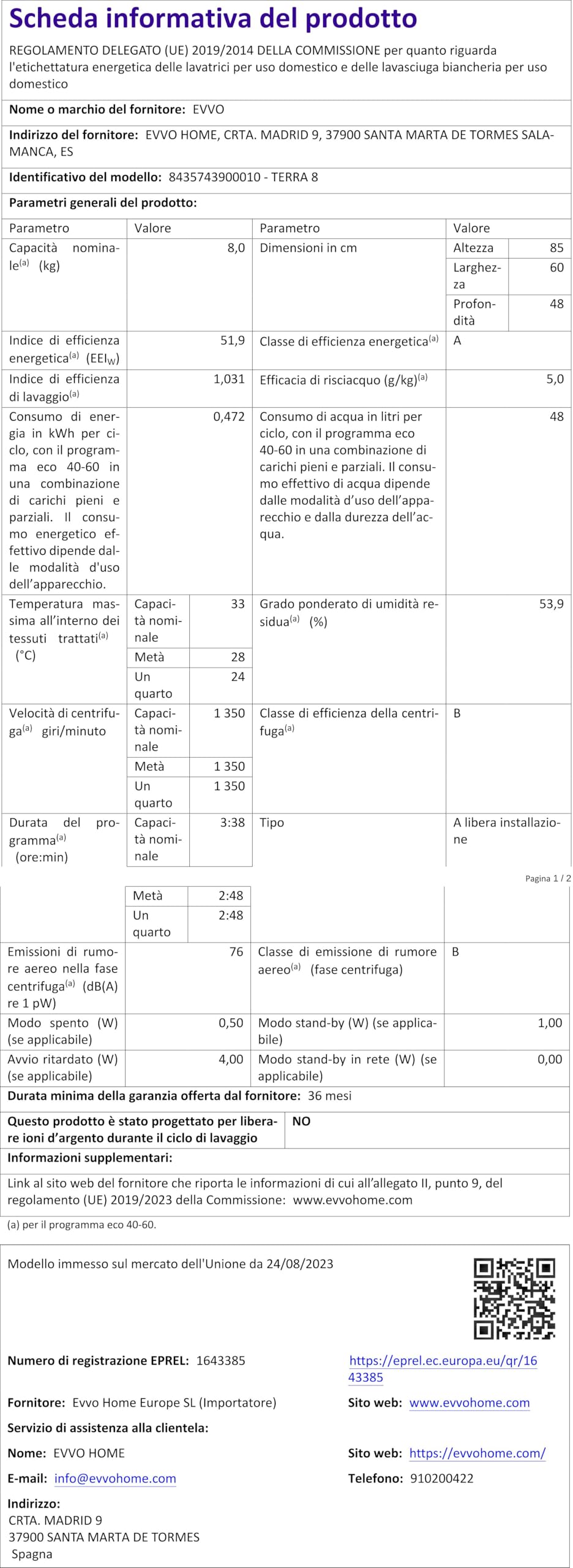 Evvo Lavadora 8 Kg Carga Frontal Terra 8, 1350 Rpm, Clase Energética A