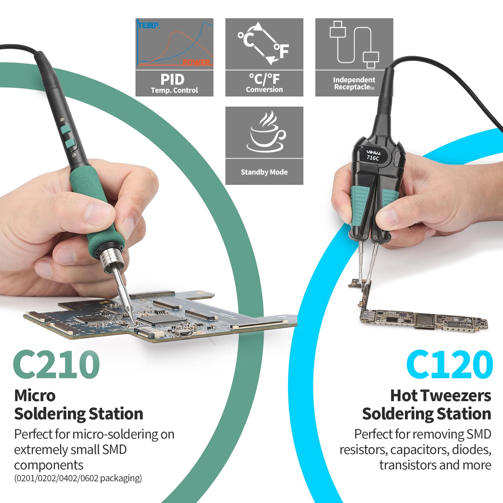 YIHUA 948D-V 5-IN-1 Mikro-Lötstation für Heißluft-Rework und Entlötstation mit Professionellem C210-Mikrolötkolben, Heißpinzetten-Lötkolben, Entlötwerkzeug, Heißluftstift und Saugstift(EU Plug)