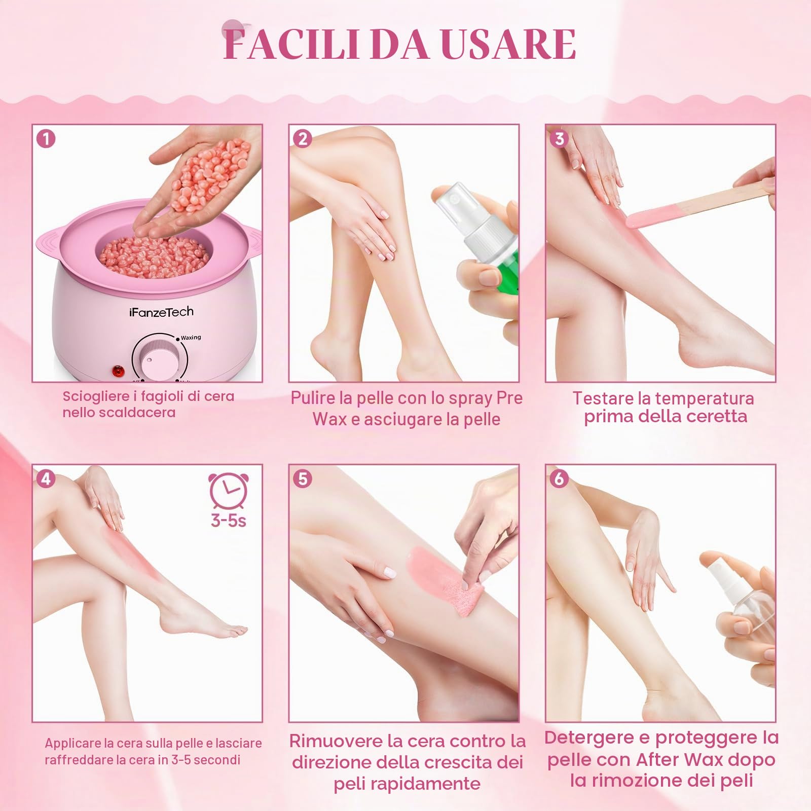 scaldacera kit cera brasiliana ceretta brasiliana: scaldacera 500g Cera, kit completo scalda cera per ceretta per Uomo Donna 30 Spatole Rosa