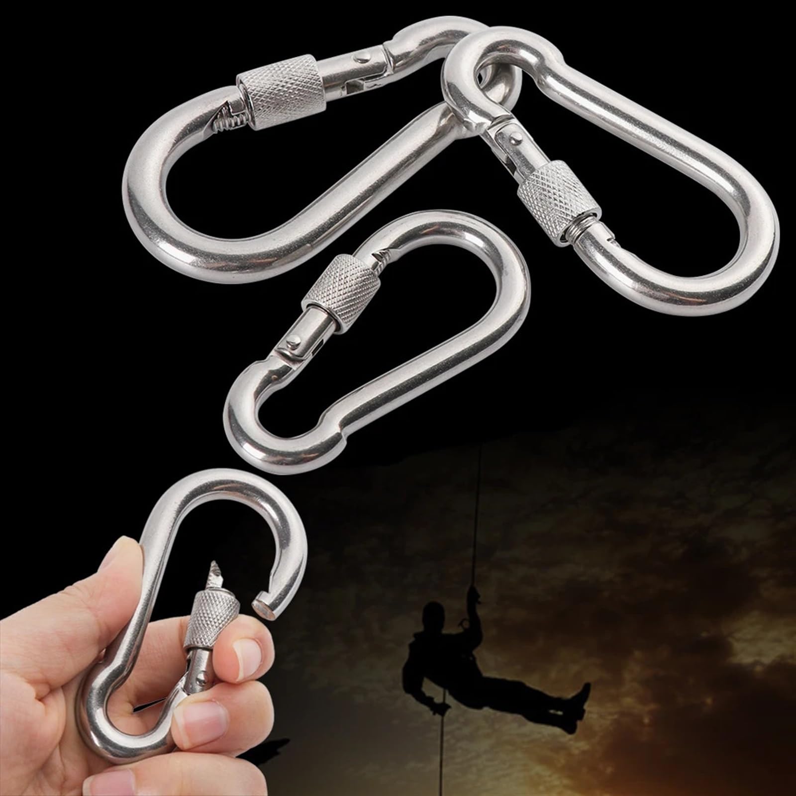 Clip a Scatto Moschettoni a Molla in Acciaio Inossidabile 304 Argento con Anello di bloccaggio, moschettone Sicurezza, a, Collegamento rapido, Attrezzatura for Esterni(M10)