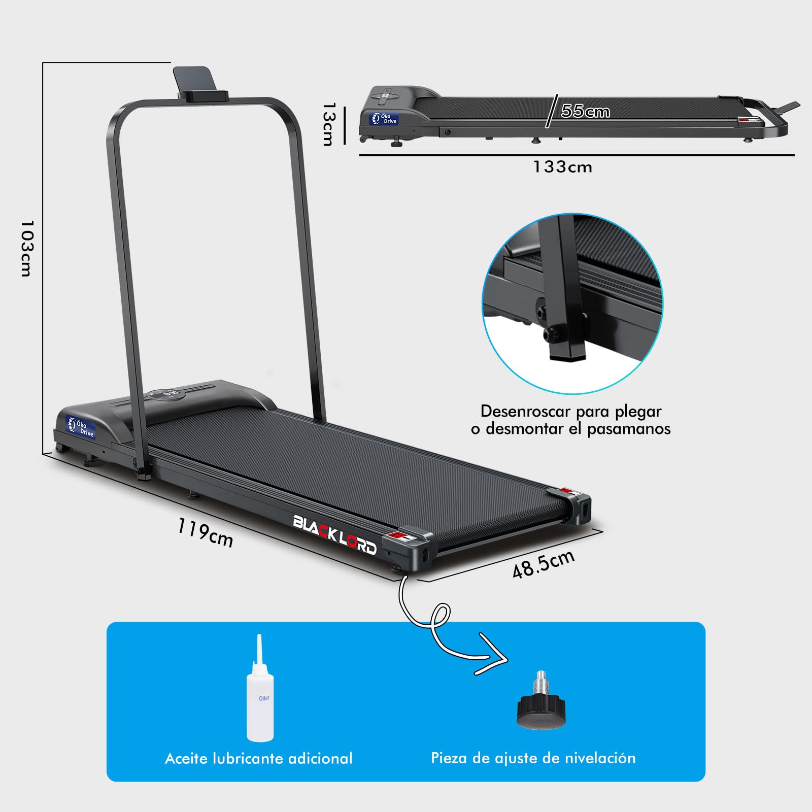 BLACK LORD Cinta de Correr 4 en 1, Walking Pads de 2.2 HP, silenciosa, 9/12 km/h, para Debajo del Escritorio con Altavoz Bluetooth, Equipo portátil para Hacer Ejercicio en casa, 120 kg, con/sin asa