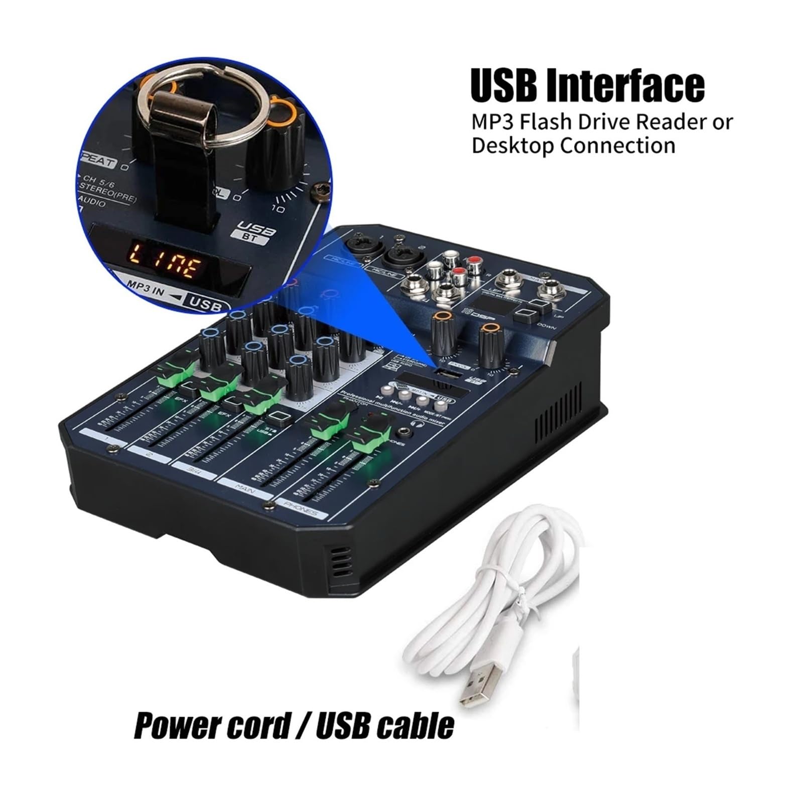 Mikser dźwięku, T4 Przenośna karta dźwiękowa Mikser konsolowy Wbudowane zasilanie Phantom 48 V Obsługuje odtwarzacz MP3 BT DJ Live Party Mixer(T6)