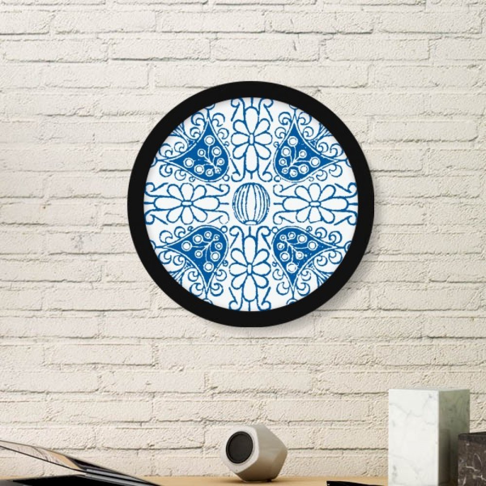 Cadre photo rond en bois noir haut de gamme et illustration peinture d'art Fleur Bleue