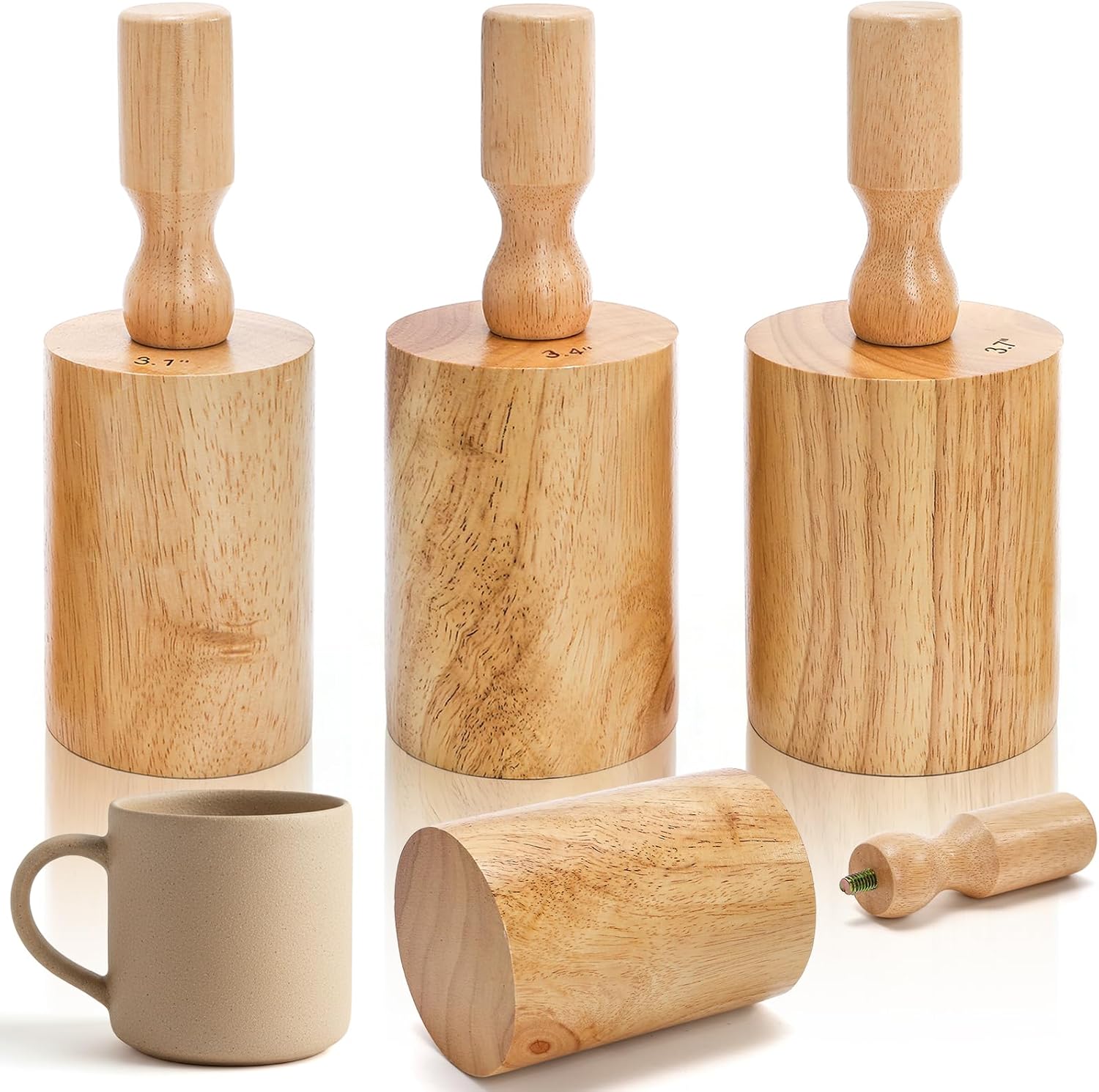 Okllen Set of 3 Cup Pottery Molds, 3.1" & 3.4" & 3.7" Wooden Pottery Tools, Plaster Cup, Mug & Vase Shaping Tools with Removable Handle for DIY Ceramic Making, Clay Molds