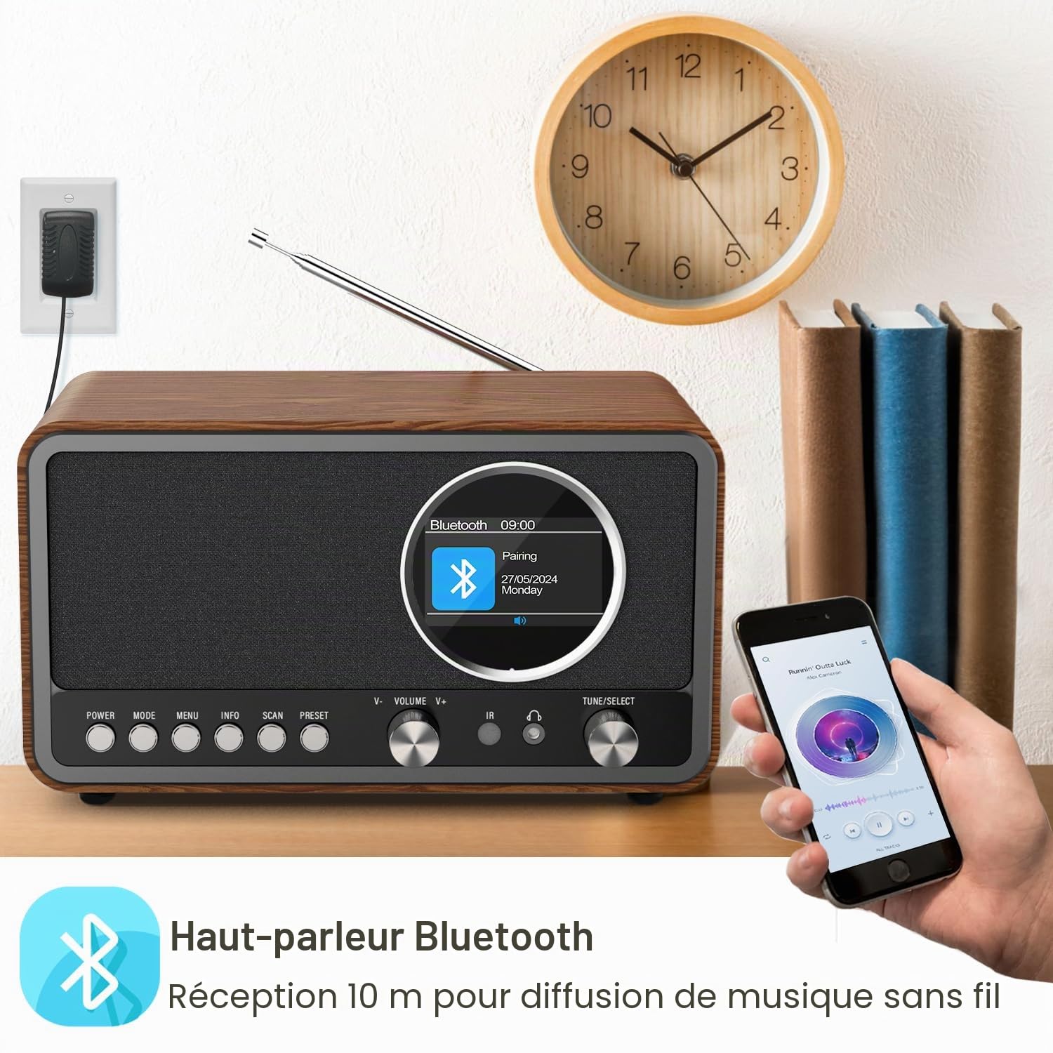 Monodeal radio portable (DAB+, FM, réveil, haut-parleur HiFi 5 W, prise casque, écran TFT, commande des touches), radio-réveil avec 60 préréglages
