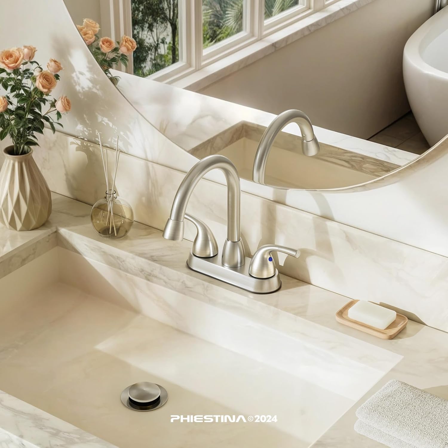 Phiestina Pull Down Sprayer Brushed Nickel Bathroom Bar Sink Faucet, 4 Inch 3 Hole Centerset Pull Out Utility Bar Sink Faucet, with 360 Swivel Spout, Metal Pop-Up Drain, BF04007-B11-GBN - Image 2