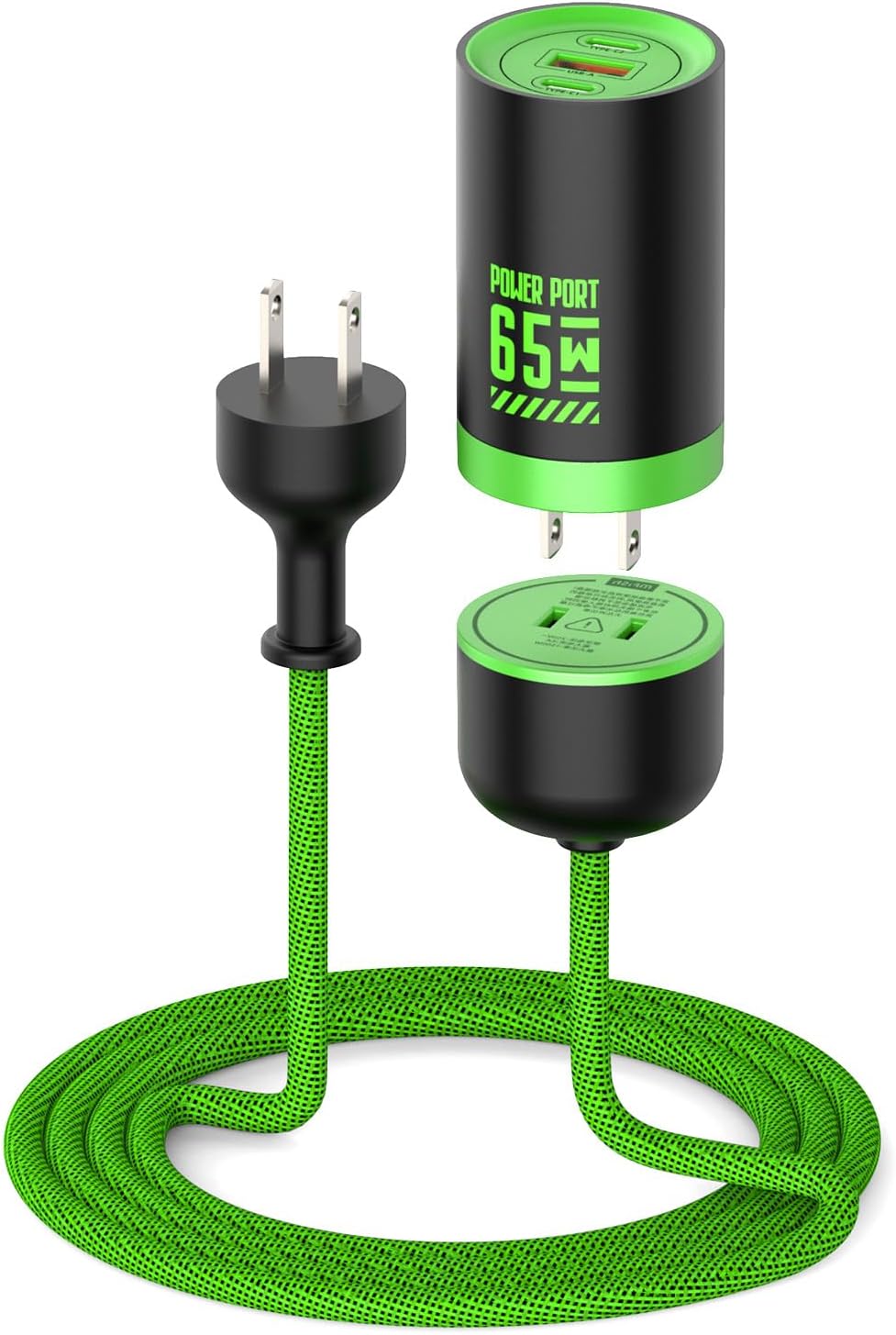 MFish 65W GaN Fast Wall Charger Block with 2 USB-C & 1 USB-A Ports, 5ft Nylon Extension Adapter – High-Speed Charging for iPhone, iPad, MacBook, Samsung Galaxy, and More Devices (Cyber Green) - Image 2