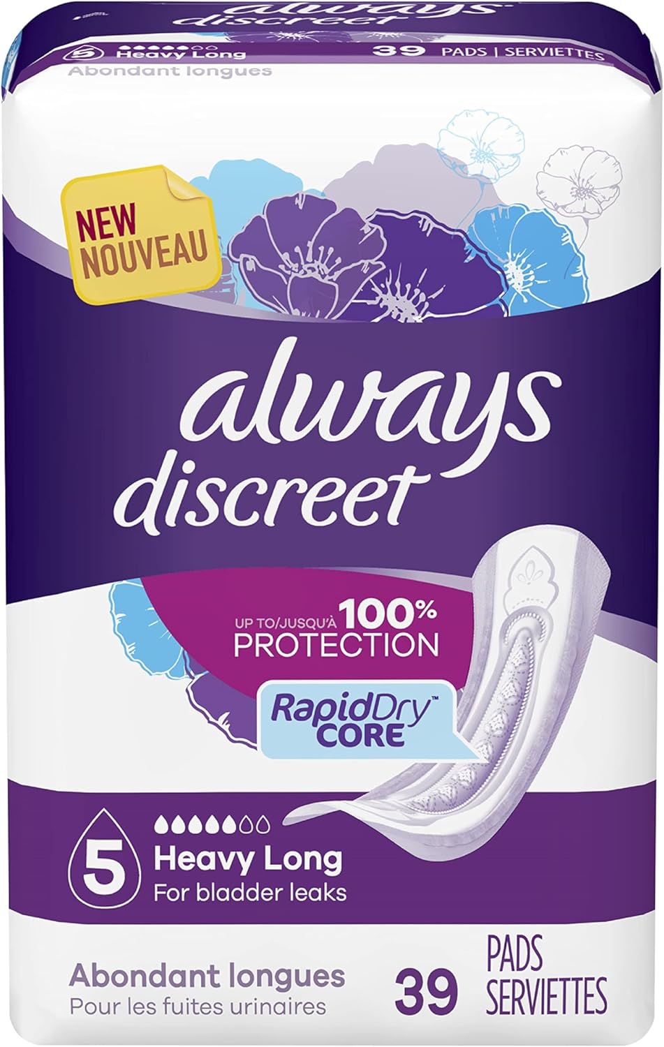 Always Discreet Incontinence Pads for Women, Heavy Absorbency, Long Length, 39 Count Always Discreet Incontinence Pads for Women, Heavy Absorbency, Long Length, 39 Count