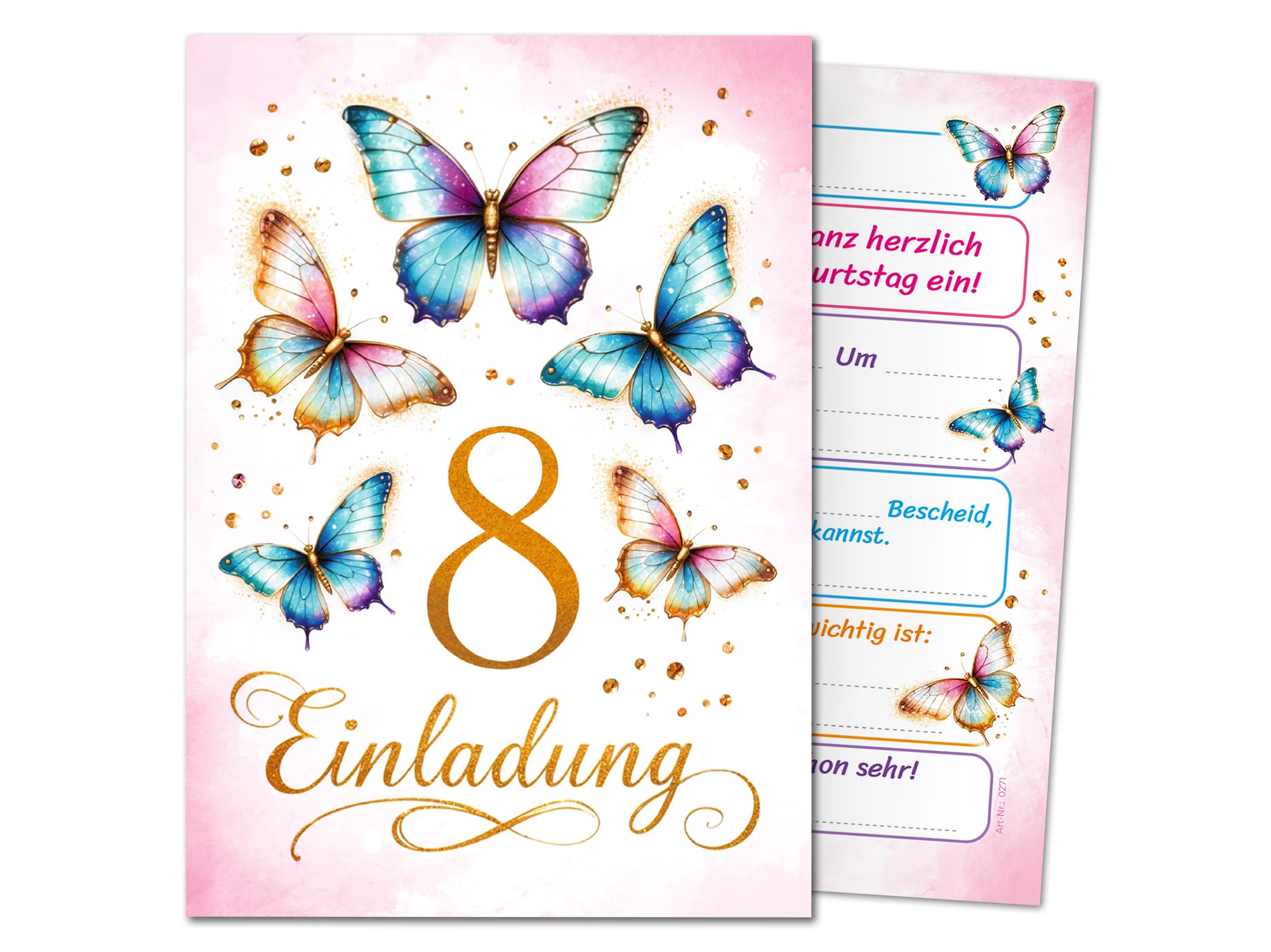 JuNa-Experten 8 Einladungskarten zum 8. Kindergeburtstag Schmetterling Kinder Mädchen coole Einladungen achte Geburtstag Mädchengeburtstag Geburtstagseinladungen