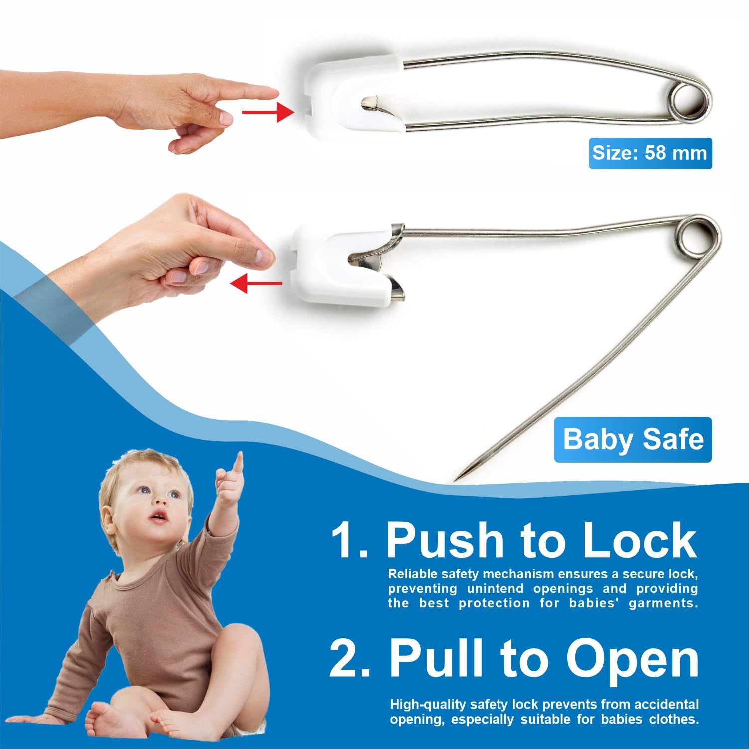 Sachverständigen-Zubehör® Épingles de sûreté bébé [Safety épingles à Couches] Blanc Grand 58 mm 20 pcs | Acier Inoxydable pour Enfants | Couches lavables avec Fermeture sécurisée