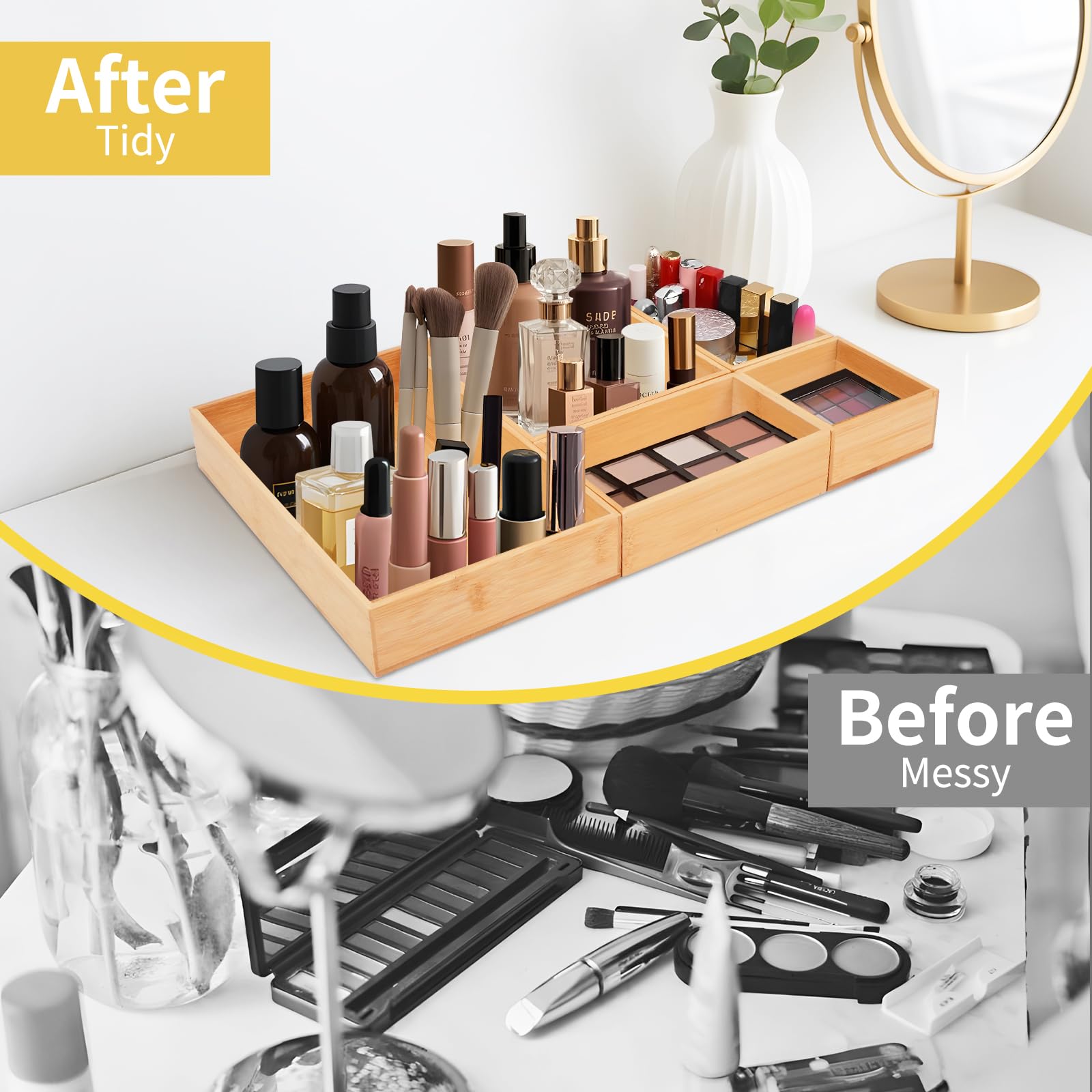 Organizer per cassetti, 5 cm di altezza, in bambù, per tavolo da toeletta e trucco, diverse dimensioni, portaposate, scatola portaoggetti per ufficio, cucina, bagno (legno naturale)