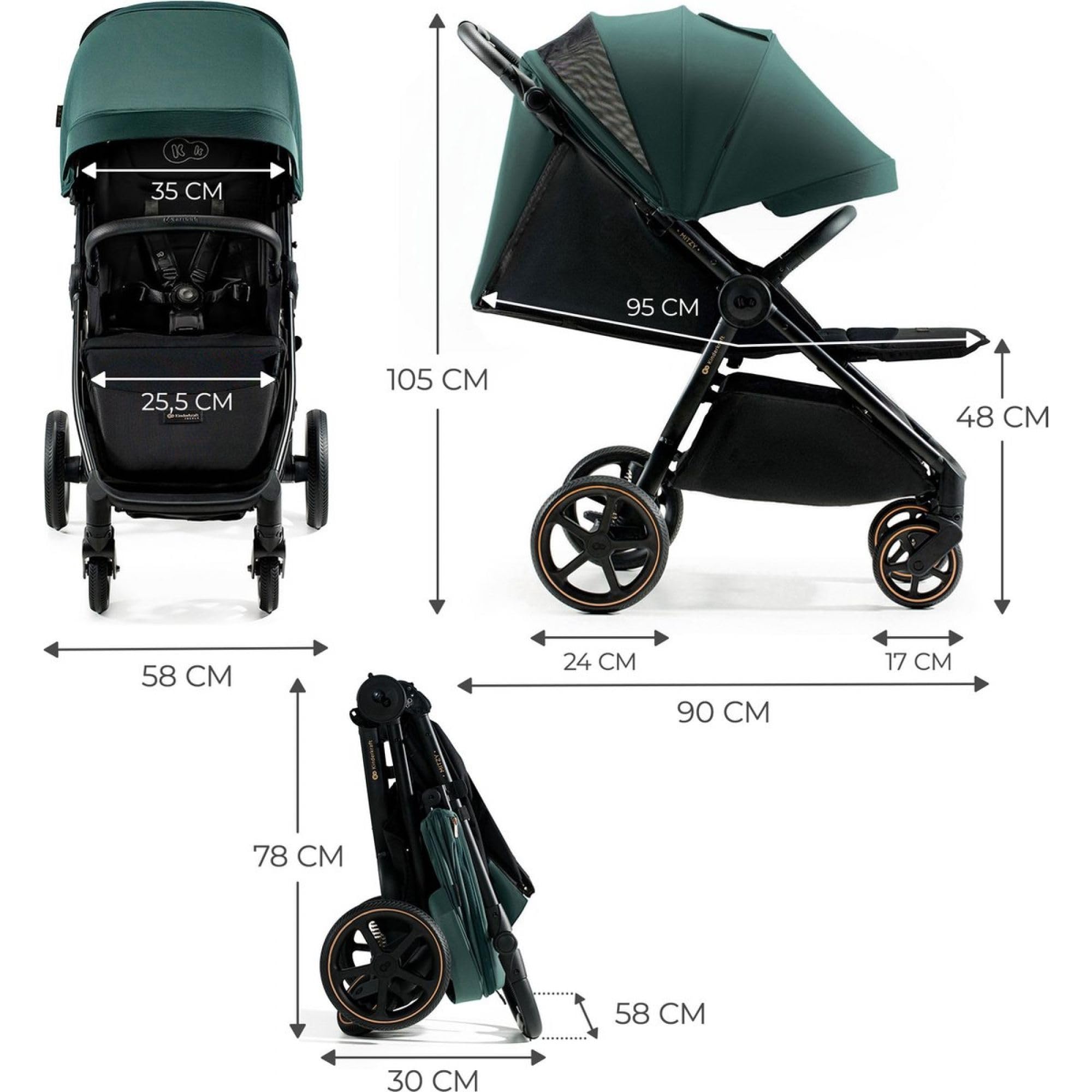 Kinderkraft Mitzy Buggy - Cochecito reclinable de hasta 22 kg, ligero, fácilmente plegable, respaldo y reposapiés ajustables, posición tumbada, ideal para viajes, color verde