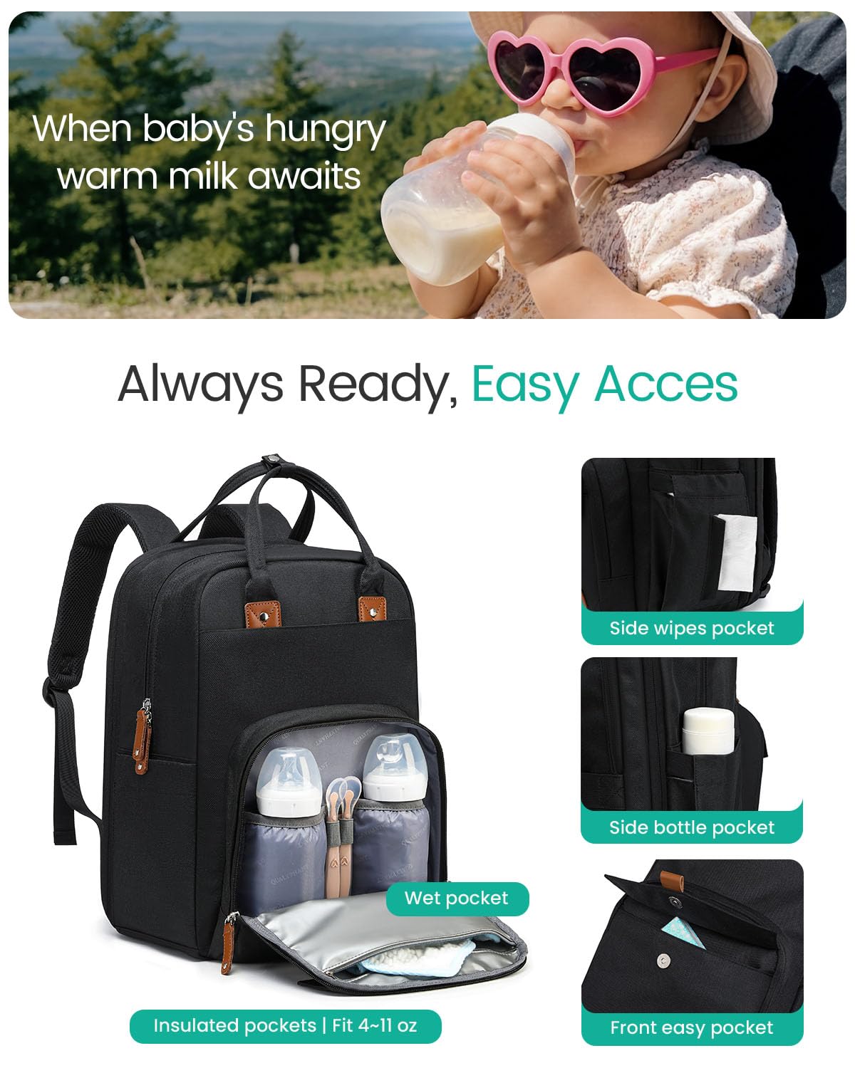 Extra Large Diaper Bag Backpack for Two Kids Twins - Expandable Baby Bag (26-36L), Dual Big Compartments - Includes Changing Pad & Stroller Straps, Unisex Black - Image 6