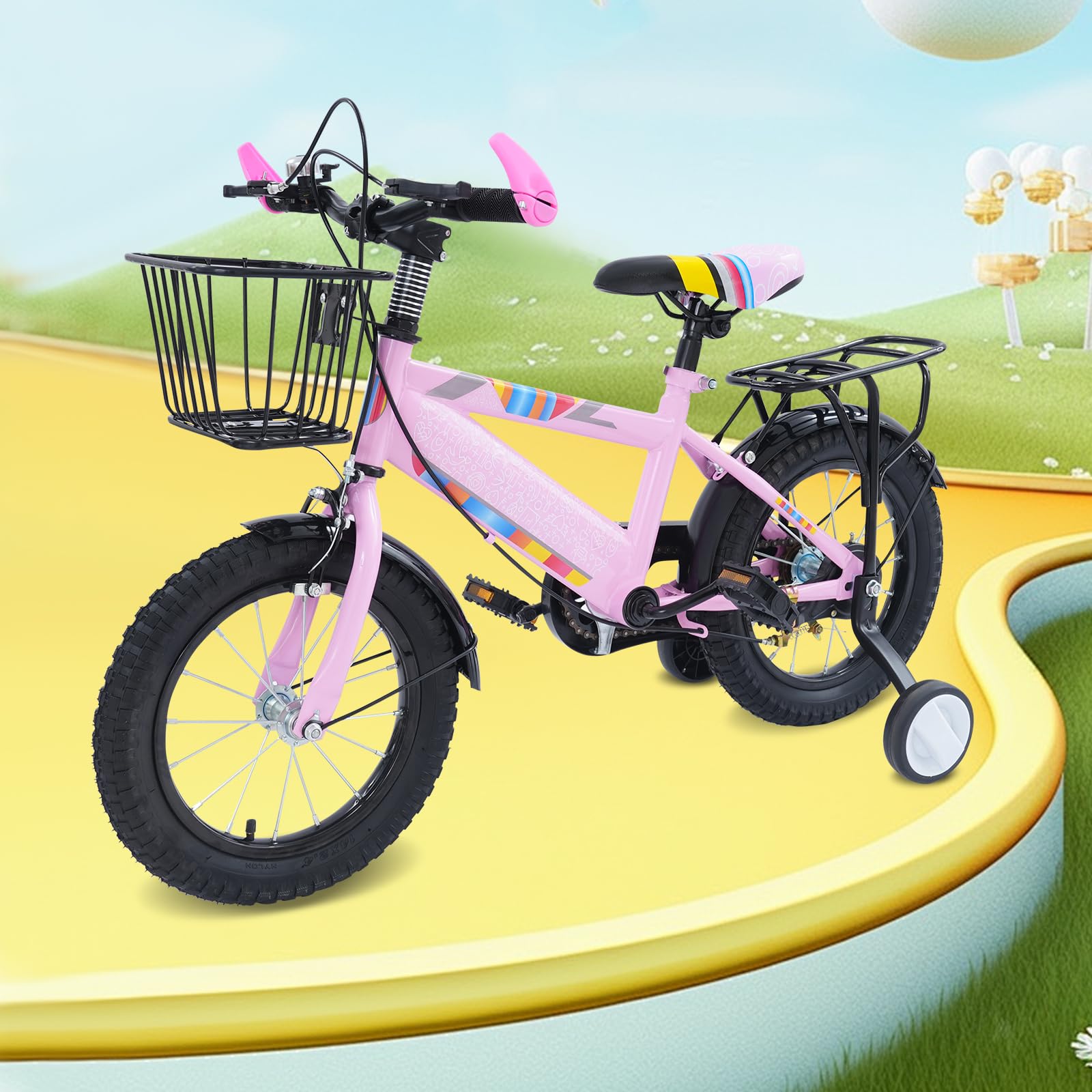 14 Zoll Kinderfahrrad, Jungen und Mädchen Fahrrad Kinder mit Stützrädern und Korb, Klingel, Höhe Einstellen Kinder Fahrrad, Trainingsfahrrad für 3-6 Jahre Jungen und Mädchen