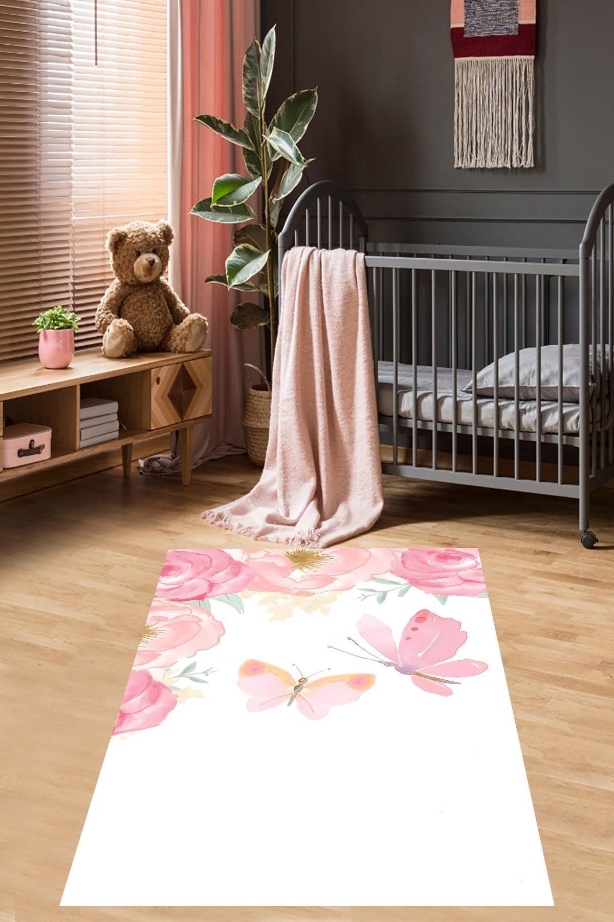 Pelangi Güller İçinde Uçan Kelebekler Yıkanabilir Kaymaz Taban Leke Tutmaz Çocuk Odası Halısık, Yeşil-Pembe-Beyaz 160 x 250