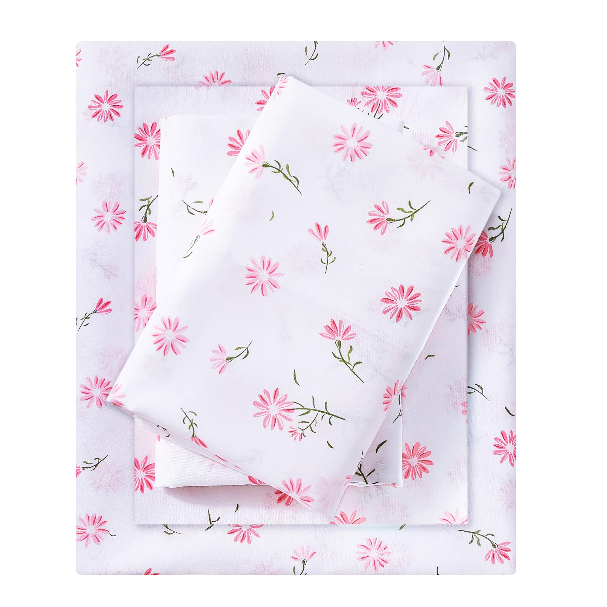 Mooreeke Pink Daisy Microfiber Fitted Sheet, Full, Deep Pocket, Non-Slip, Vintage