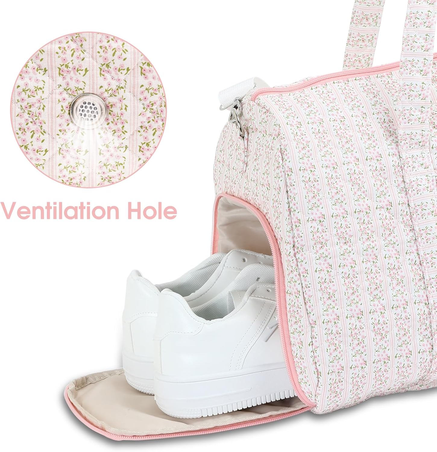 Duffle Bag, Gym Bag for Women, Quilted Duffle Bags, Travel Large Capacity Floral Weekender Bags with Shoe Compartment - Image 3