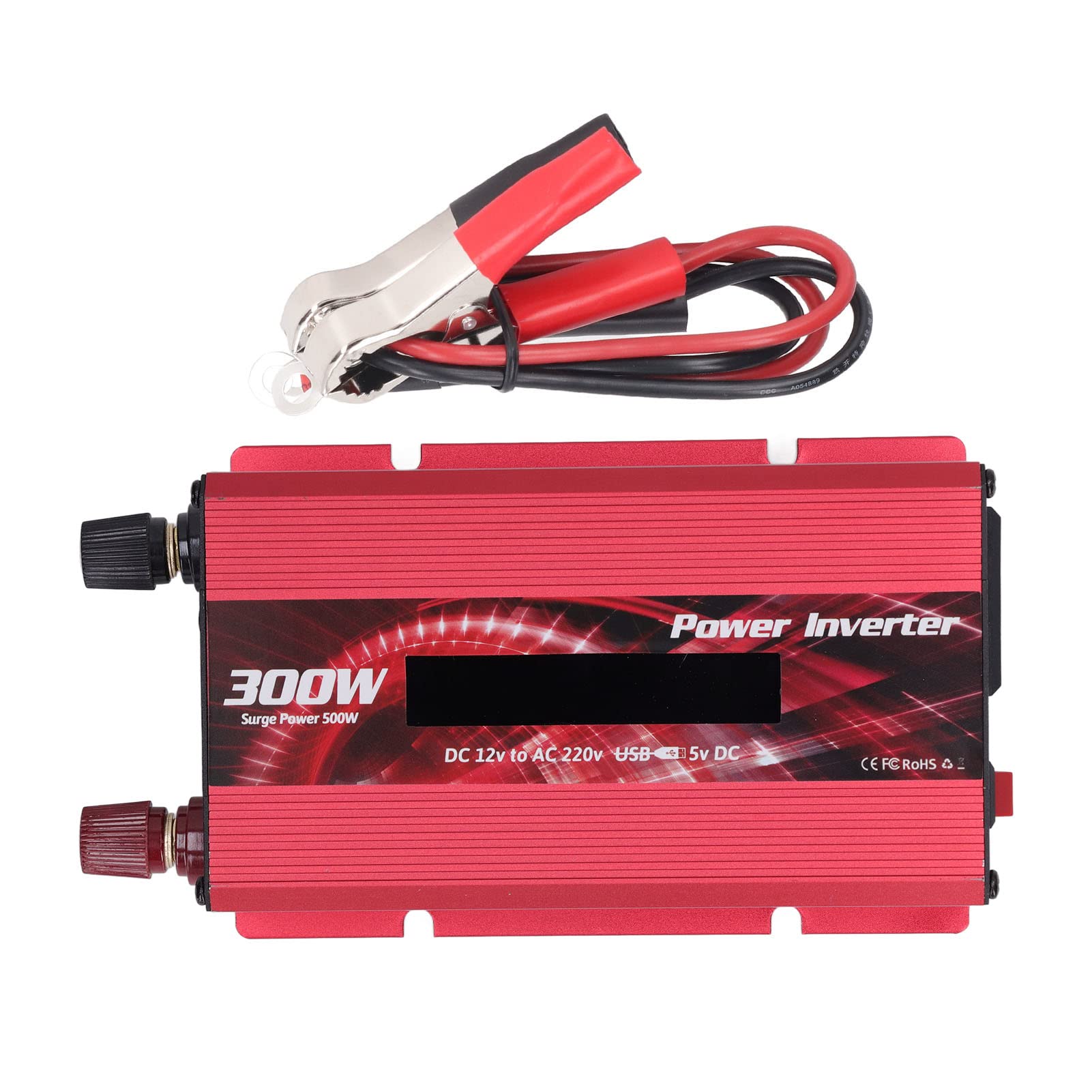 YWBL-WH Konwerter Samochodowy Aluminiowy Falownik 300 W DC 12 V na AC 220 V z 2 A USB Wentylator Chłodzący z Wyświetlaczem LCD Do Podróży Samochodem Wycieczki Drogowe Do Użytku na Zewnątrz (czerwony)